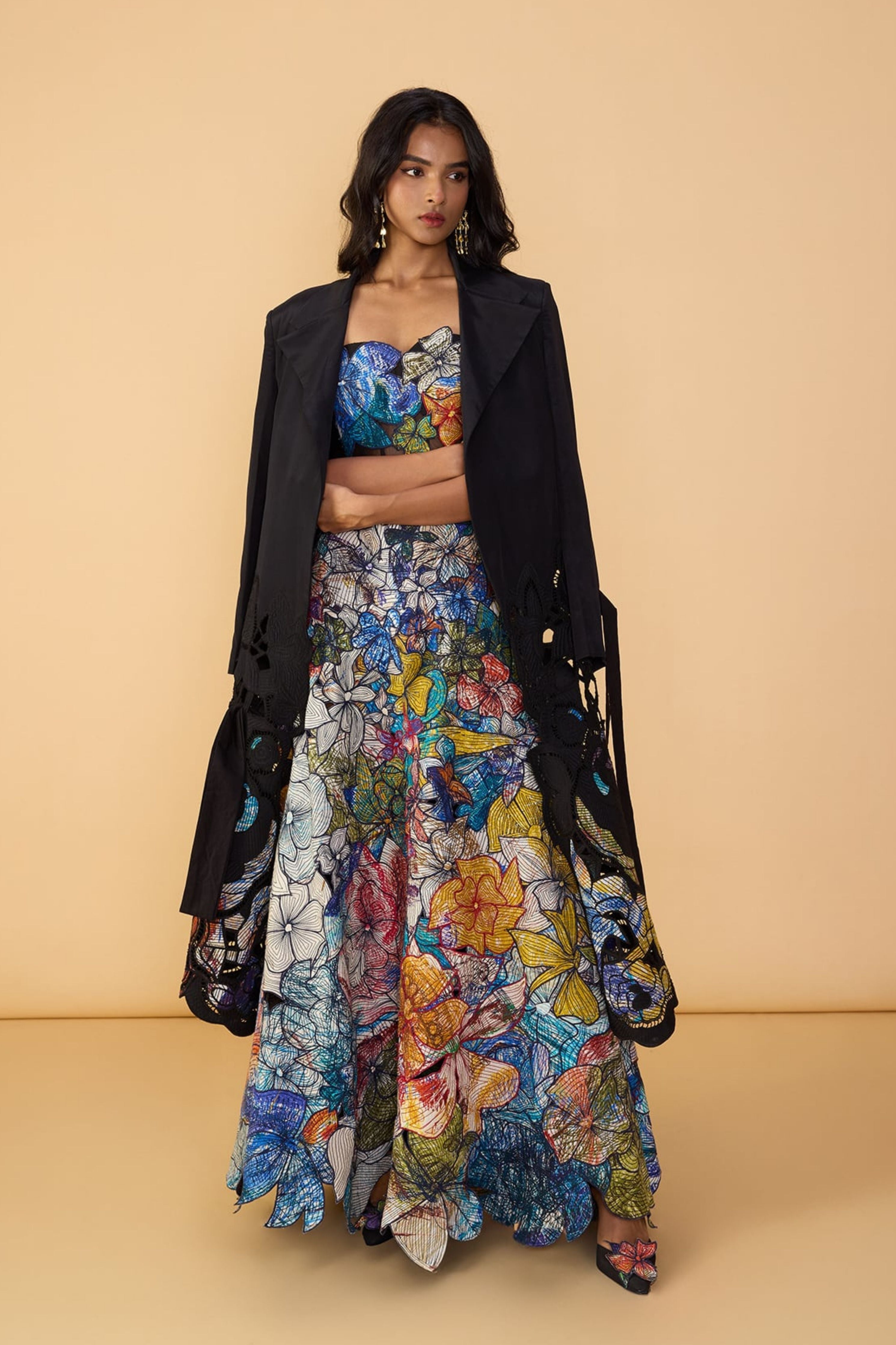 Denzel Trench With Larissa Corset Blouse & Zoya Lehenga Skirt