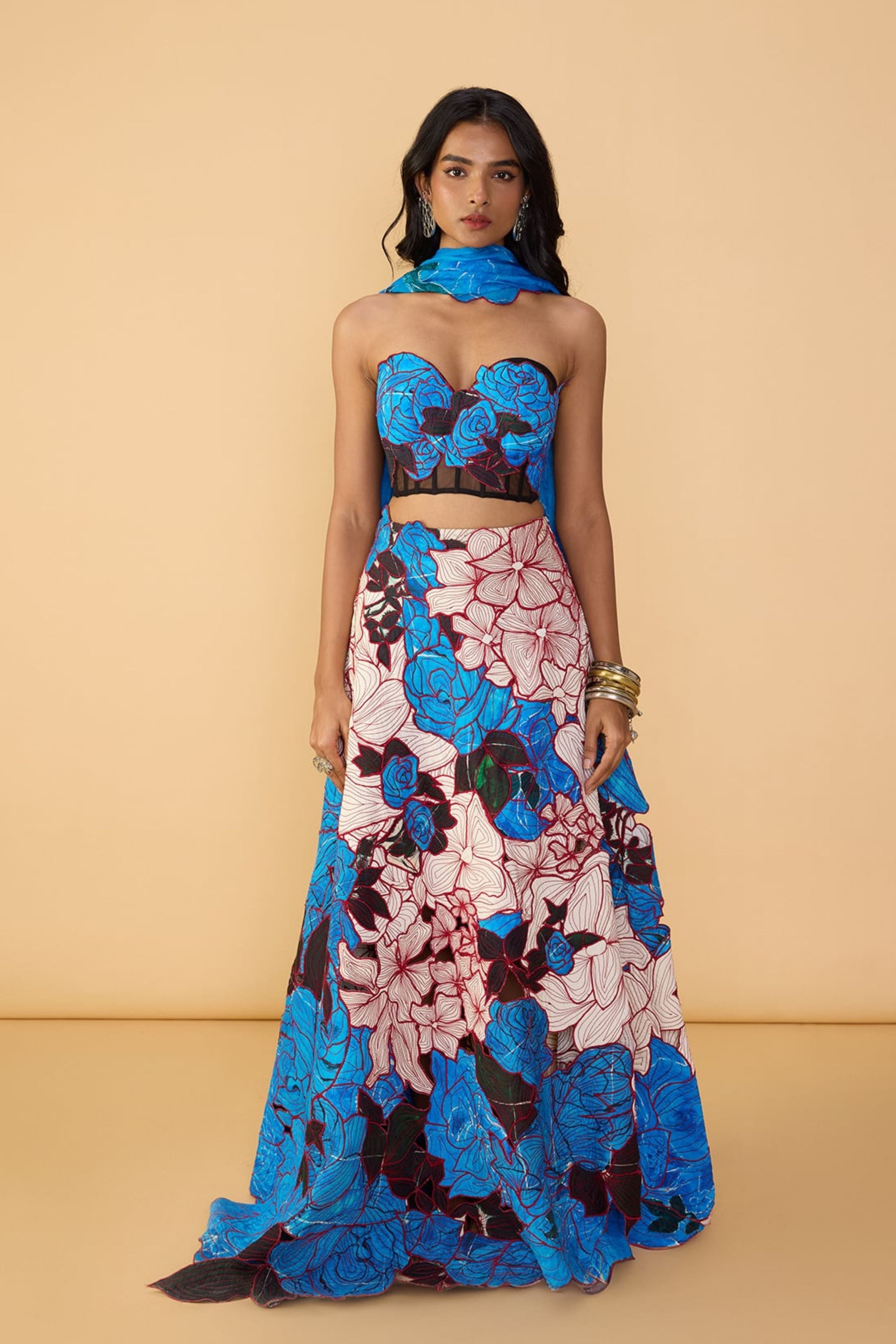 Starla Corset Blouse With Sachi Lehenga Skirt & Scallop Dupatta