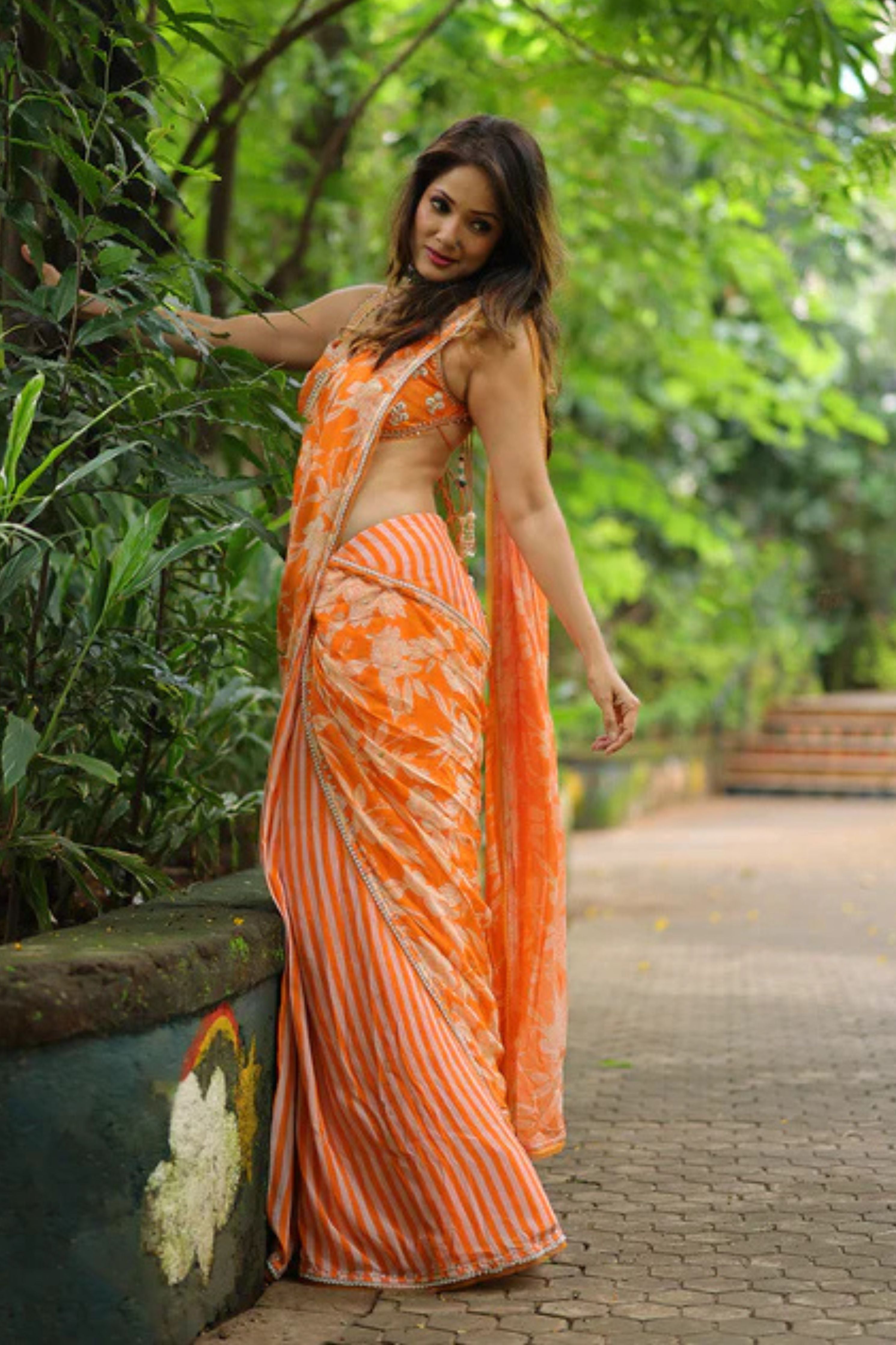 Vidya Malavde In Orange Chiffon Draped Saree Set
