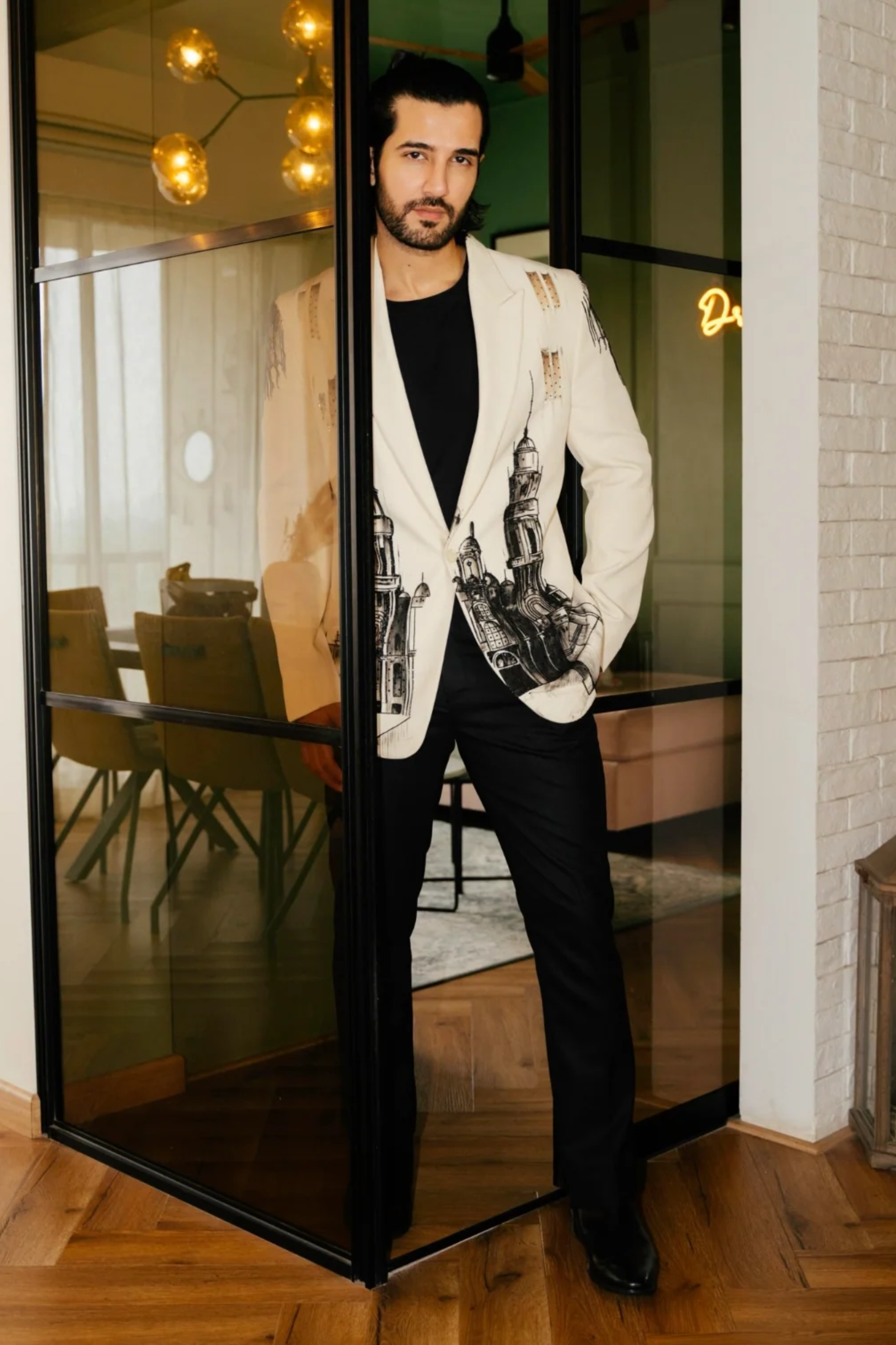 Aditya Seal in Cityscape Hand-Painted Ceremonial Suit