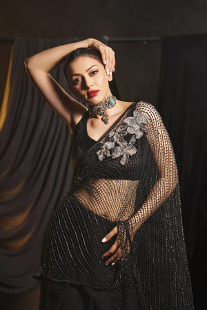 Hansika Motwani in Charcoal Pearl Weave Black Saree