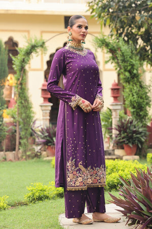 Ahista Purple Mayur Applique Long Kurta Set