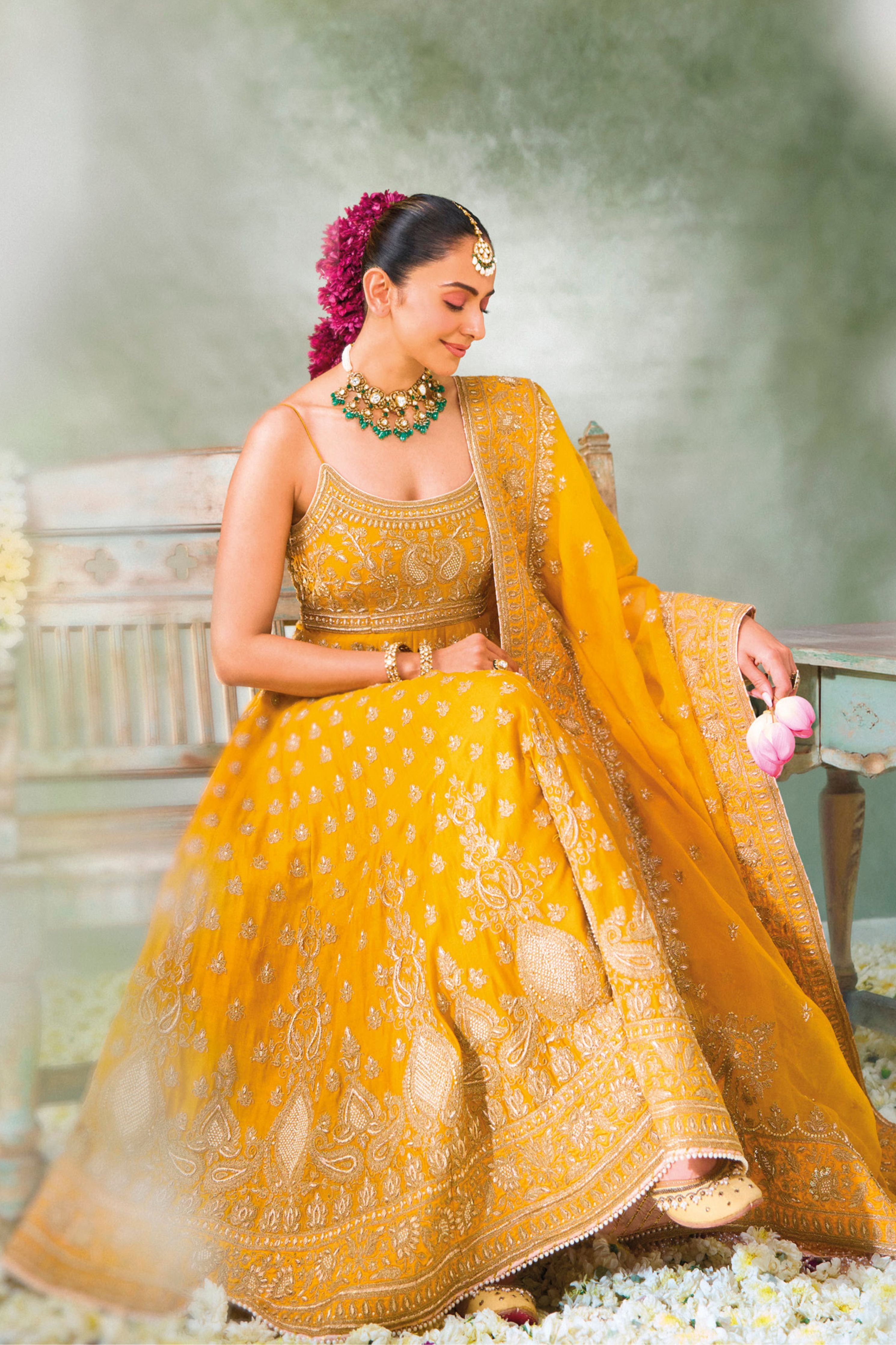 Rakul Preet Singh In Afraa - Mustard Anarkali Set With Palazzo & Dupatta