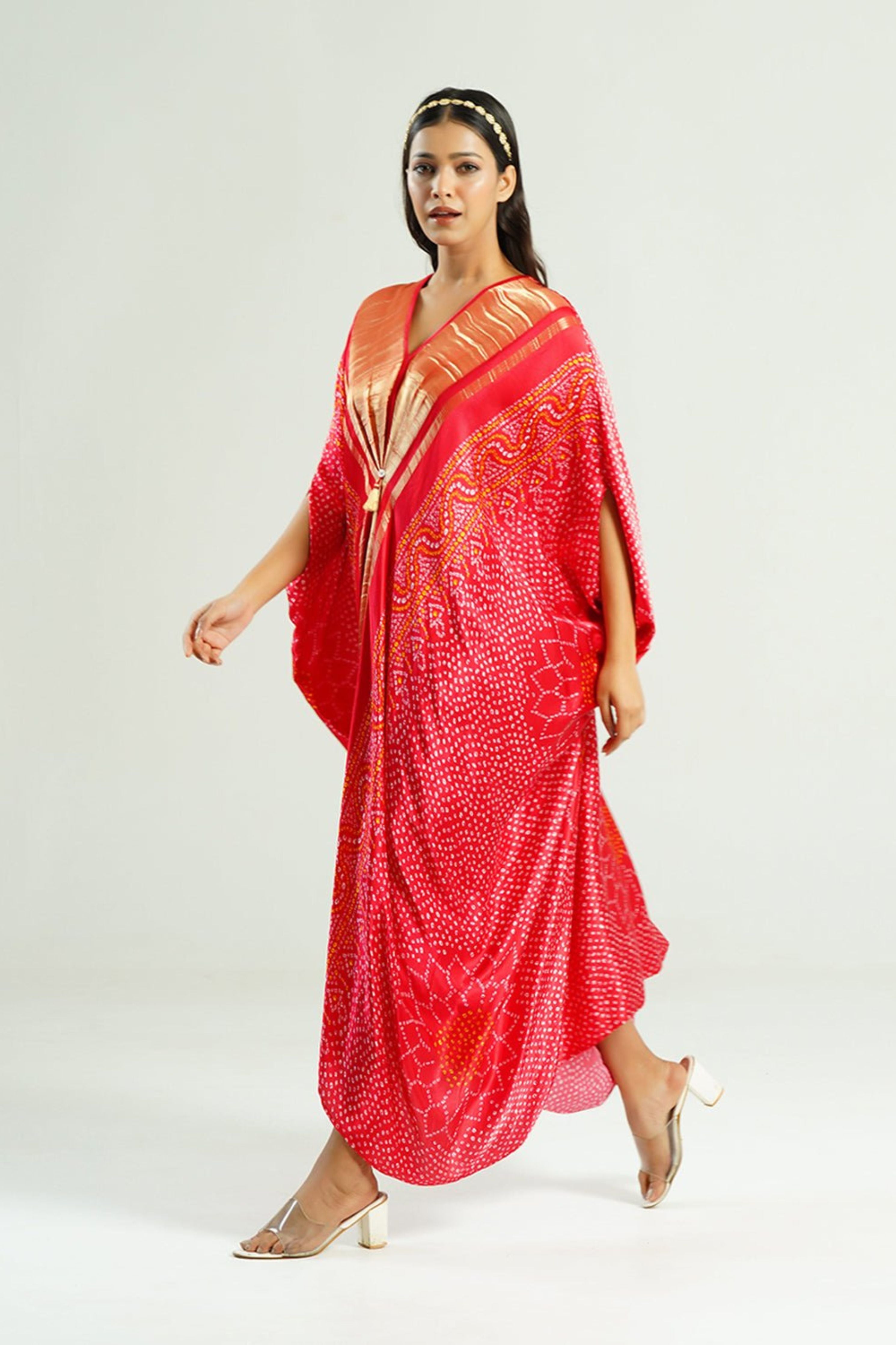 Kaftan Bandhej Red Gold