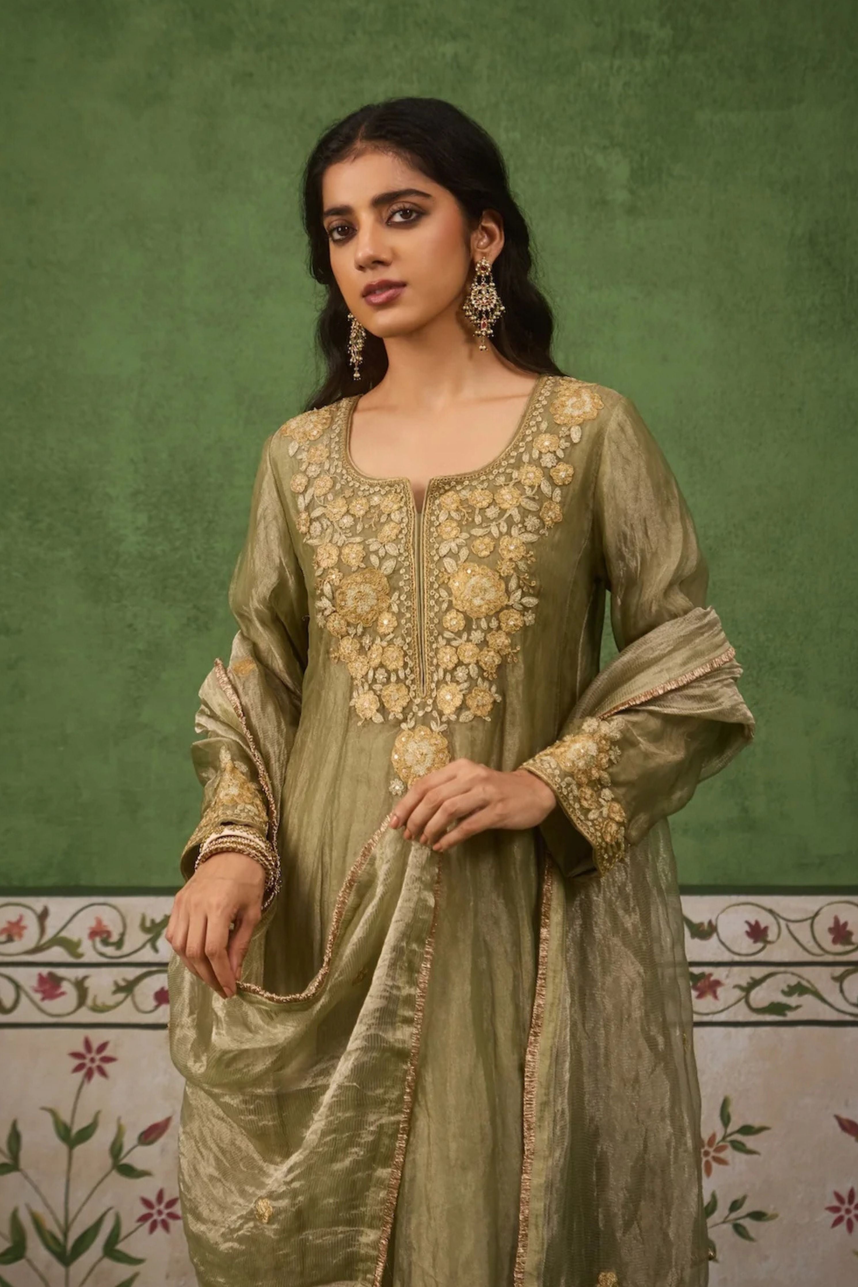 Reet Sage Green Tissue Anarkali Kurta Set