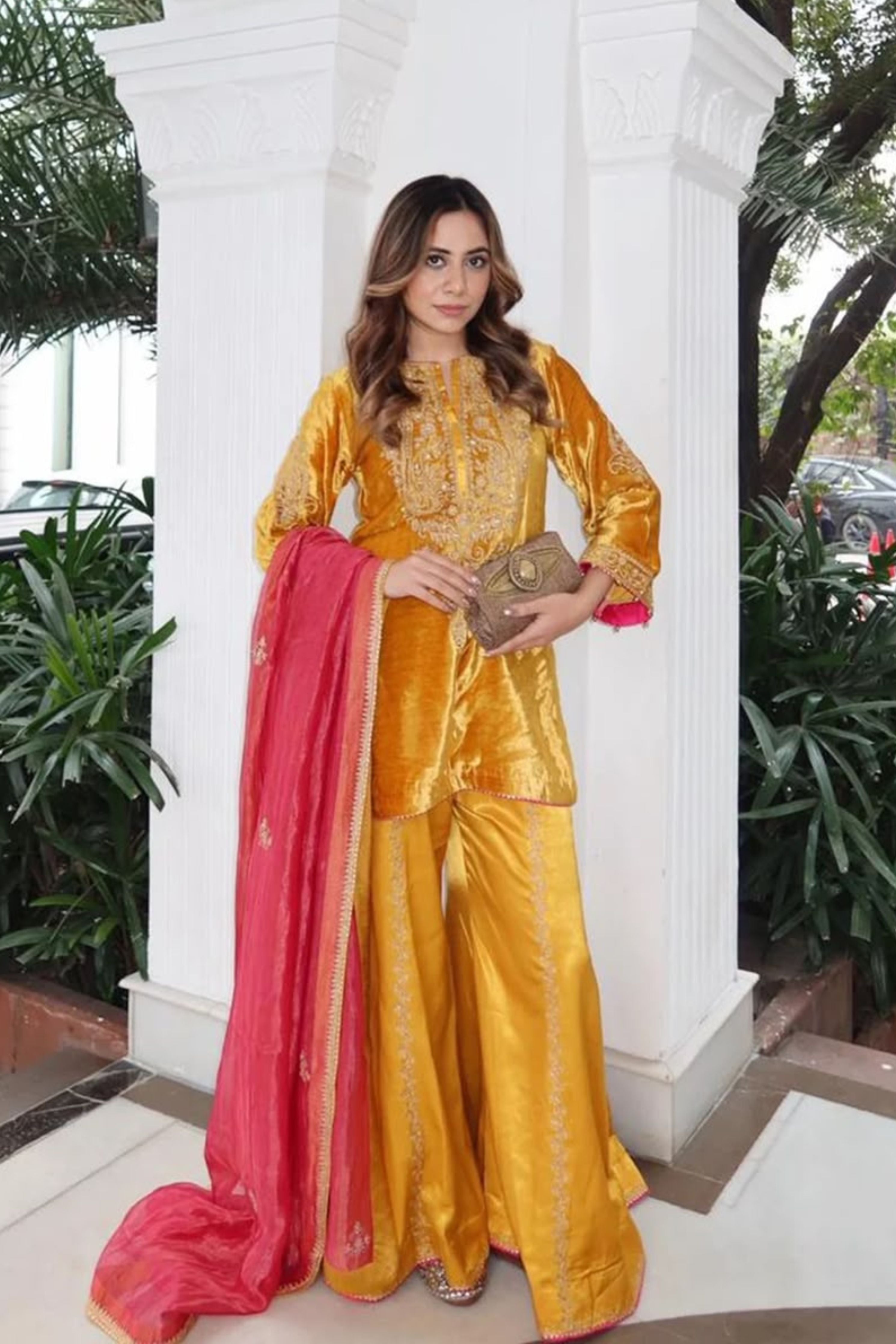 Aroob - Silk Velvet Heirloom Mustard Kurta With Sharara And Dupatta