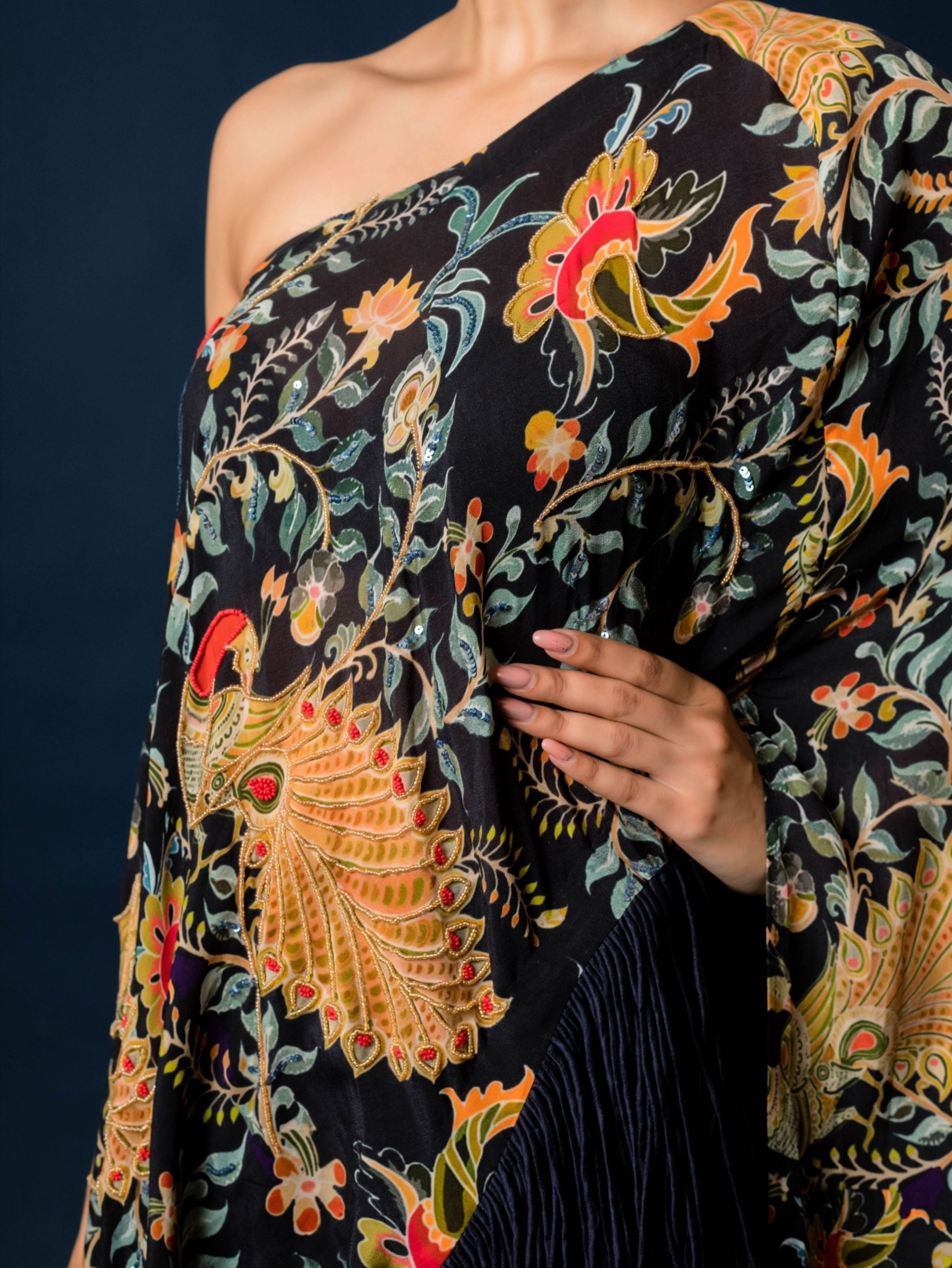 Printed One Shoulder Cape With Pants And Bustier