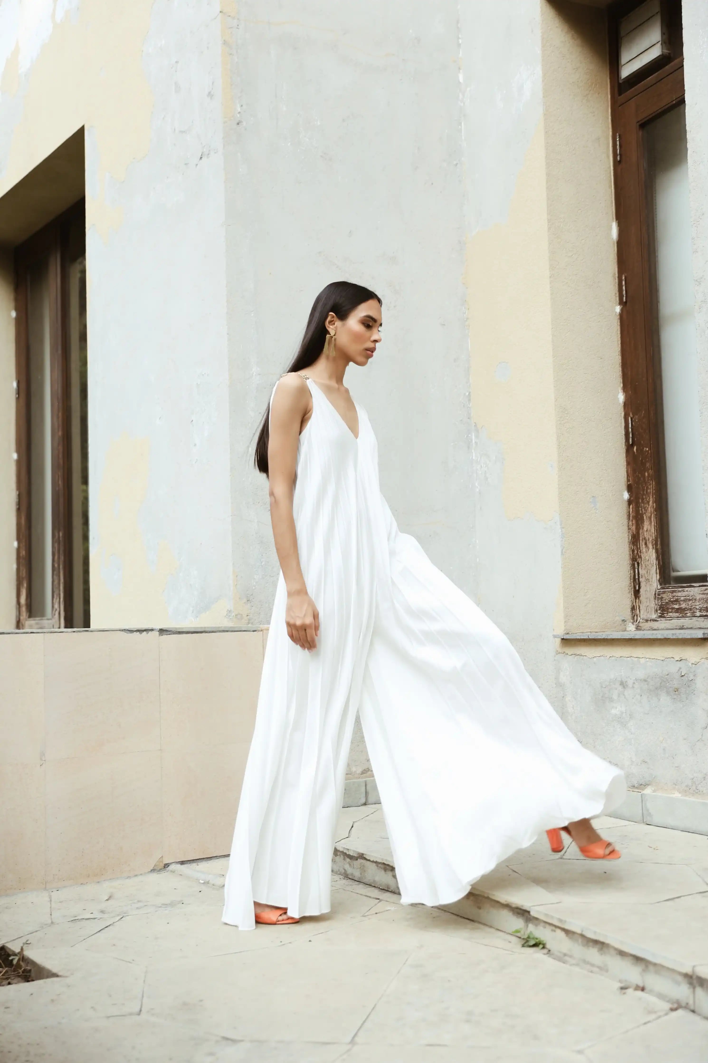 White Flowy Pleated Jumpsuit
