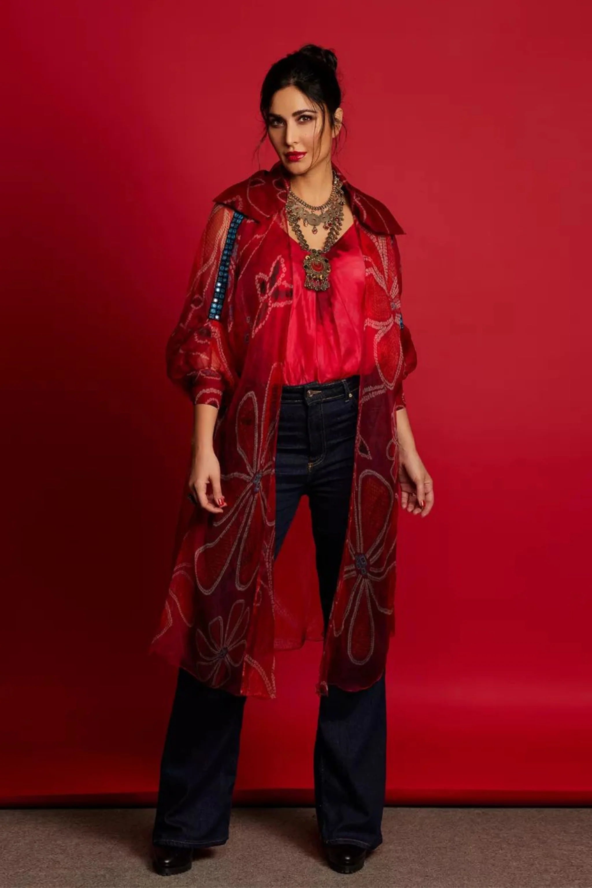 Katrina Kaif In Marigold Cape With Camisole and Jeans