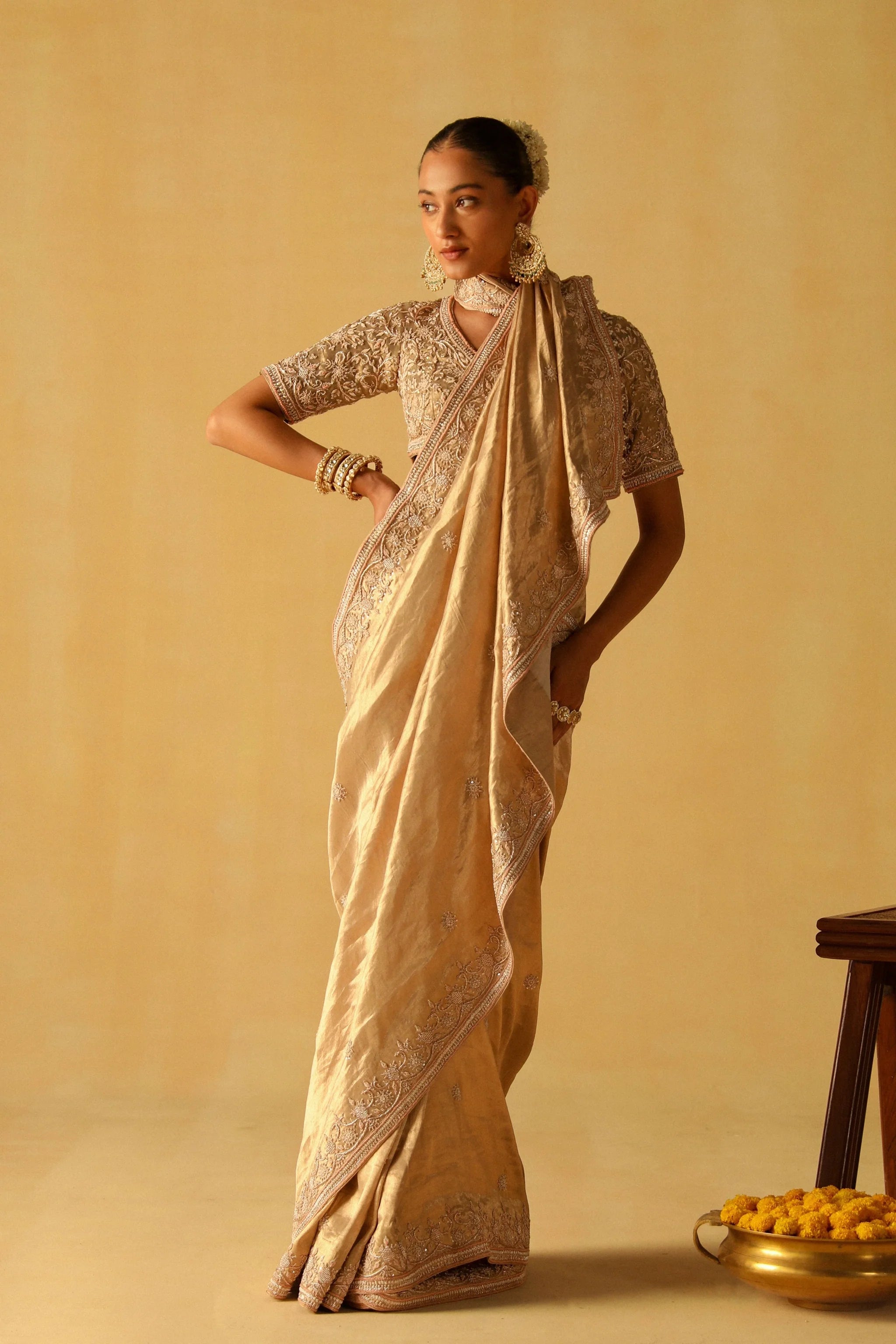 Gold Saraa Brocade Saree Set