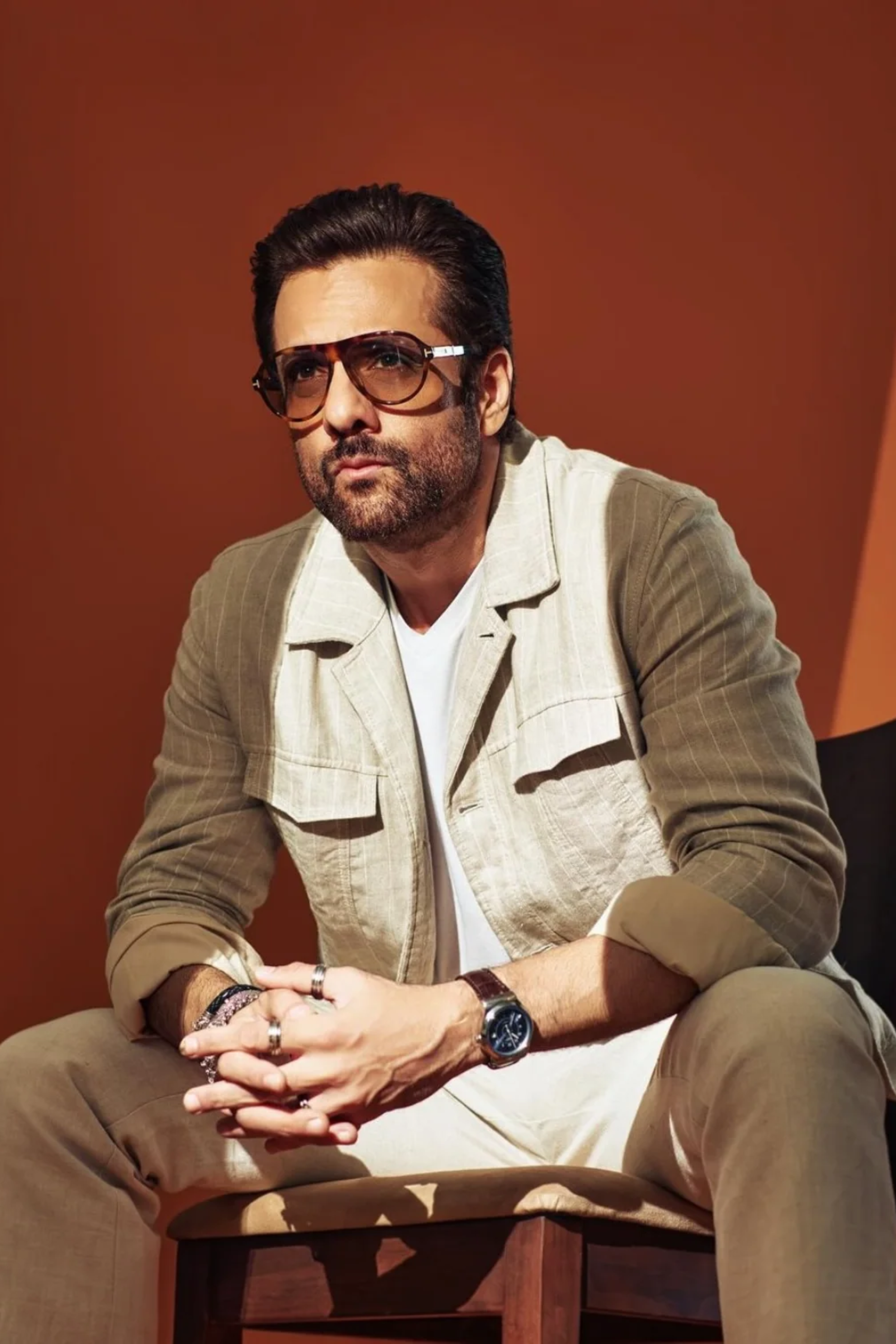 Fardeen Khan in Natural Chalk Stripe Linen Cuban Jacket