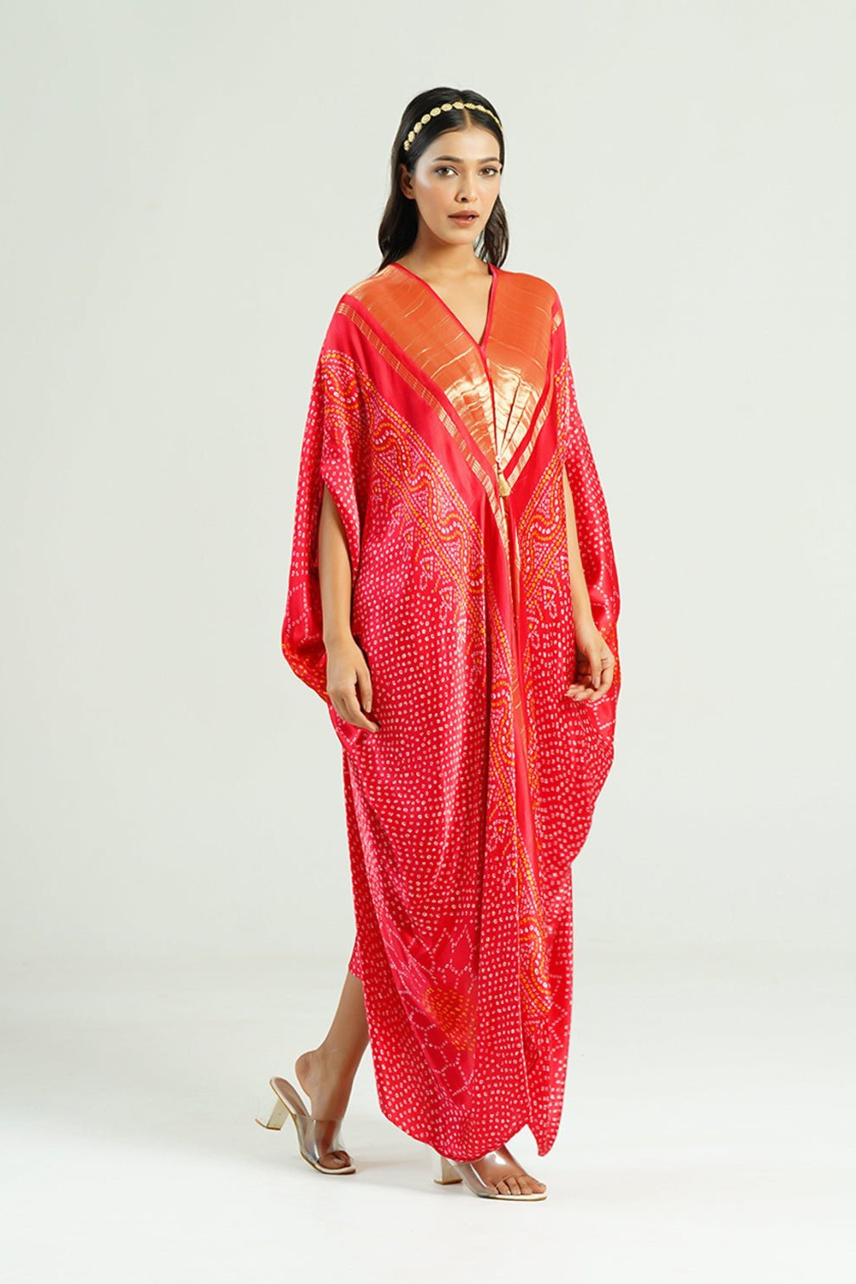 Kaftan Bandhej Red Gold