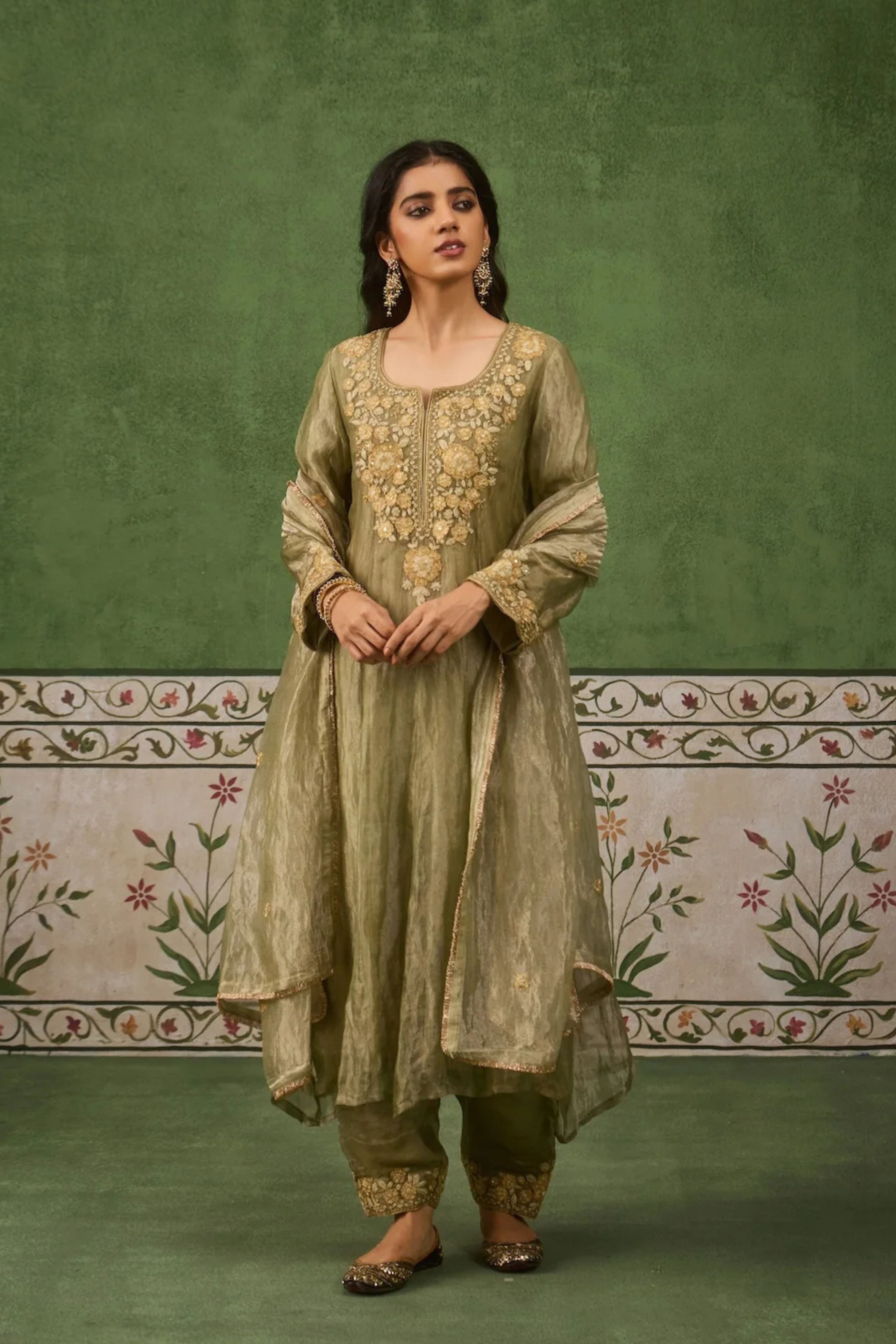 Reet Sage Green Tissue Anarkali Kurta Set