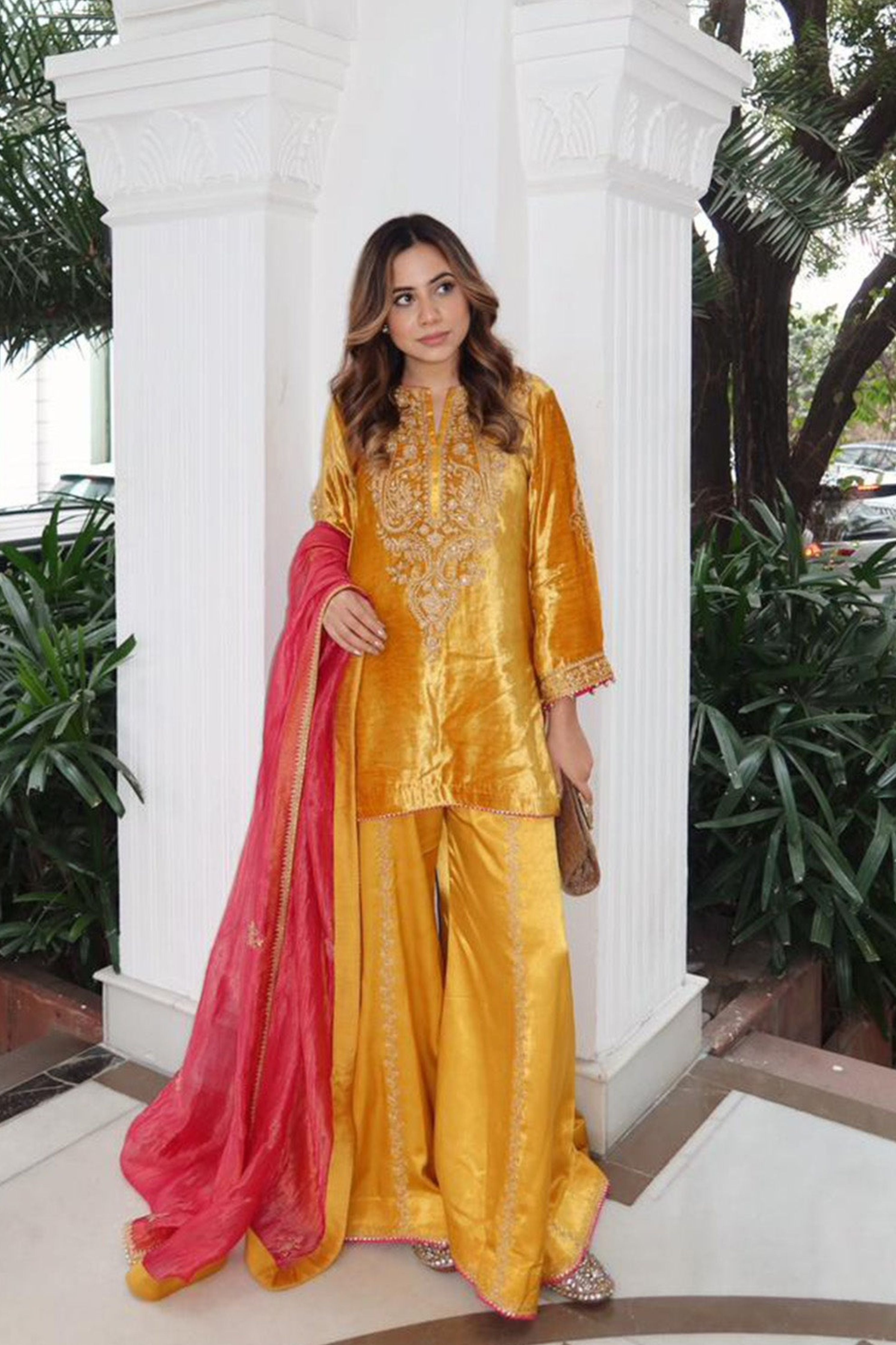 Aroob - Silk Velvet Heirloom Mustard Kurta With Sharara And Dupatta
