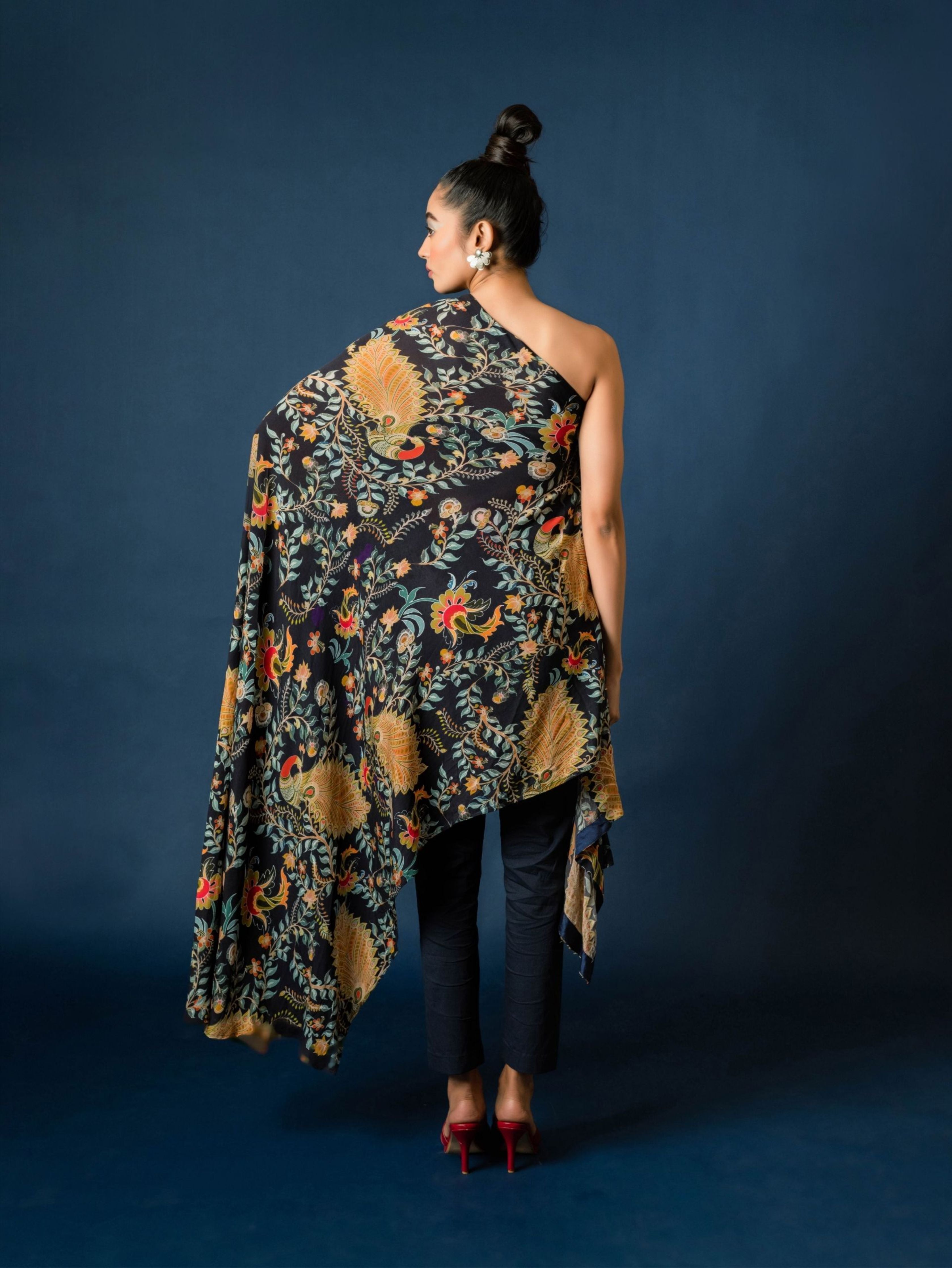 Printed One Shoulder Cape With Pants And Bustier