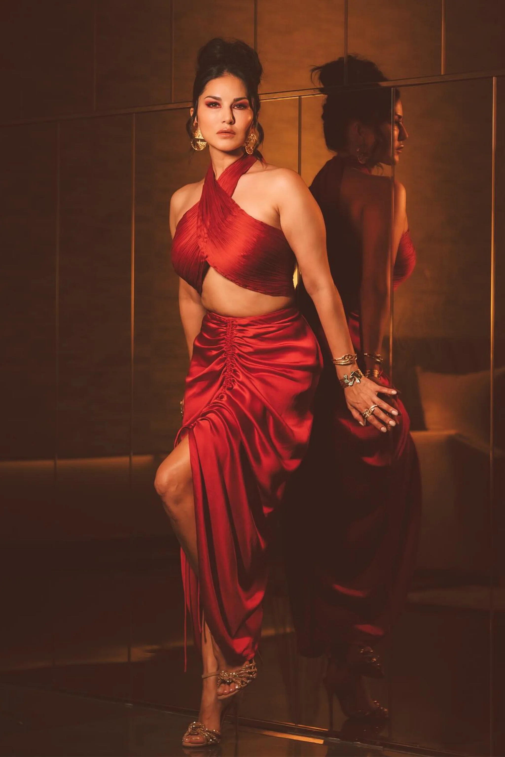 Sunny Leone in Red Hope Halter Numinous Co-Ord Set