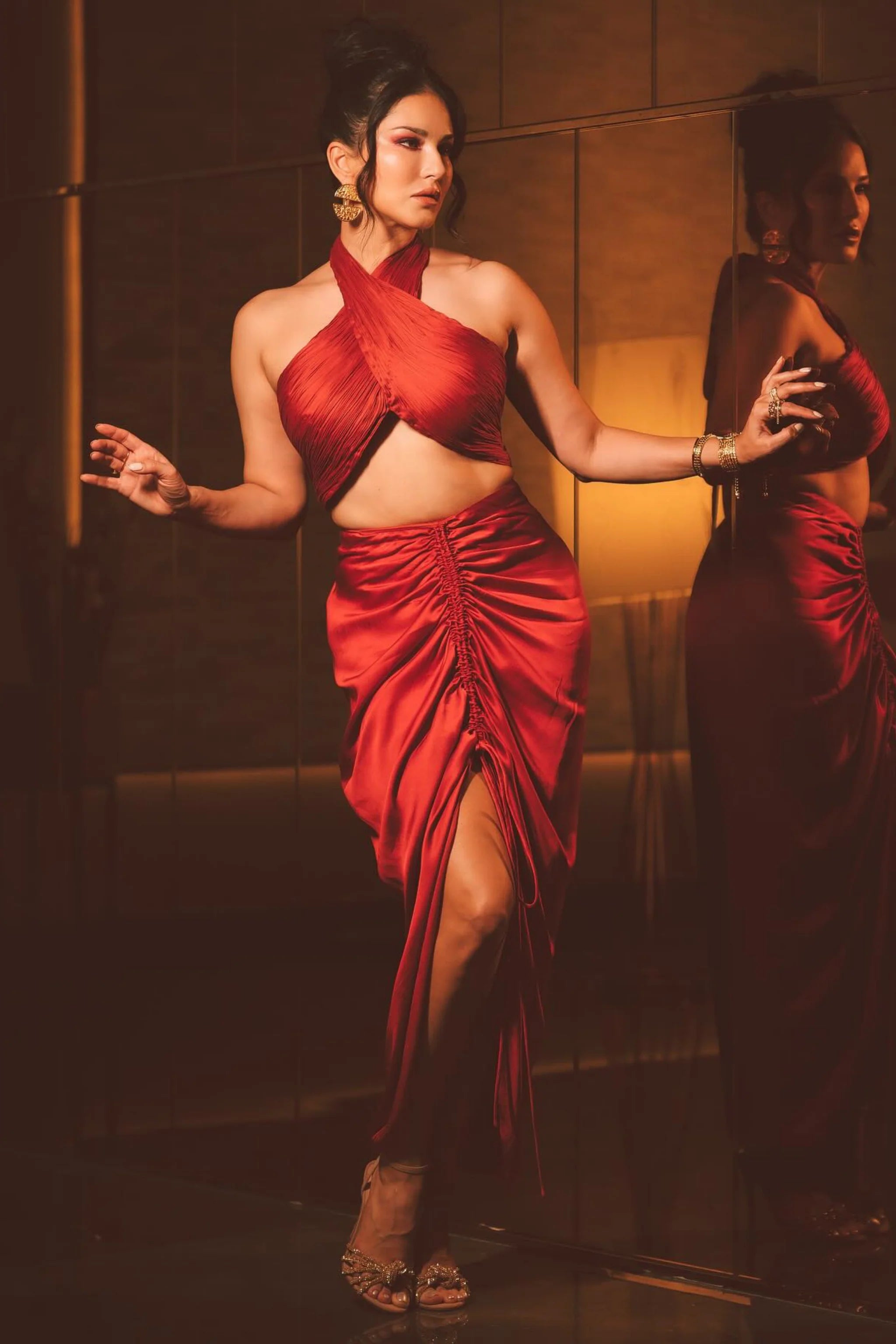 Sunny Leone in Red Hope Halter Numinous Co-Ord Set