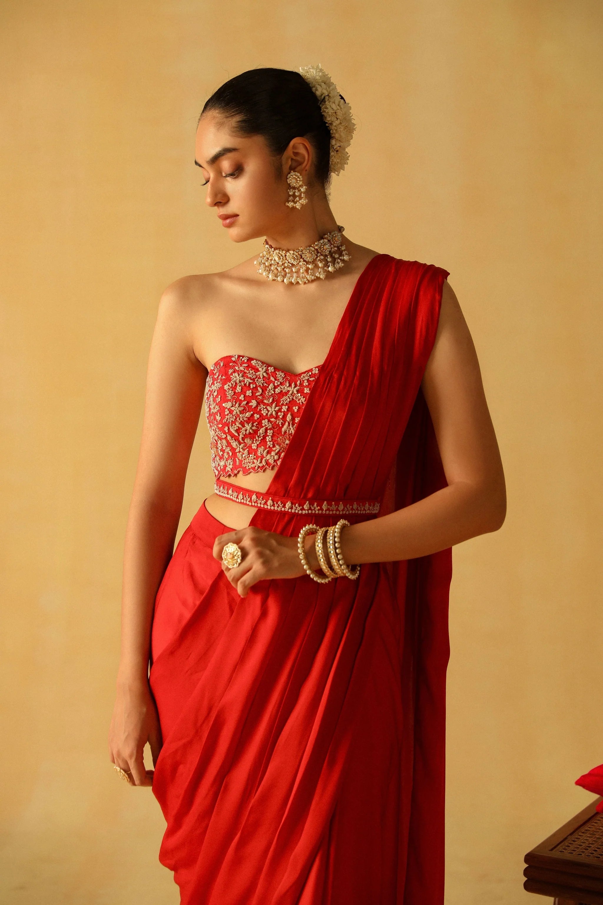 Rumaan Deep Red Drape Saree Set