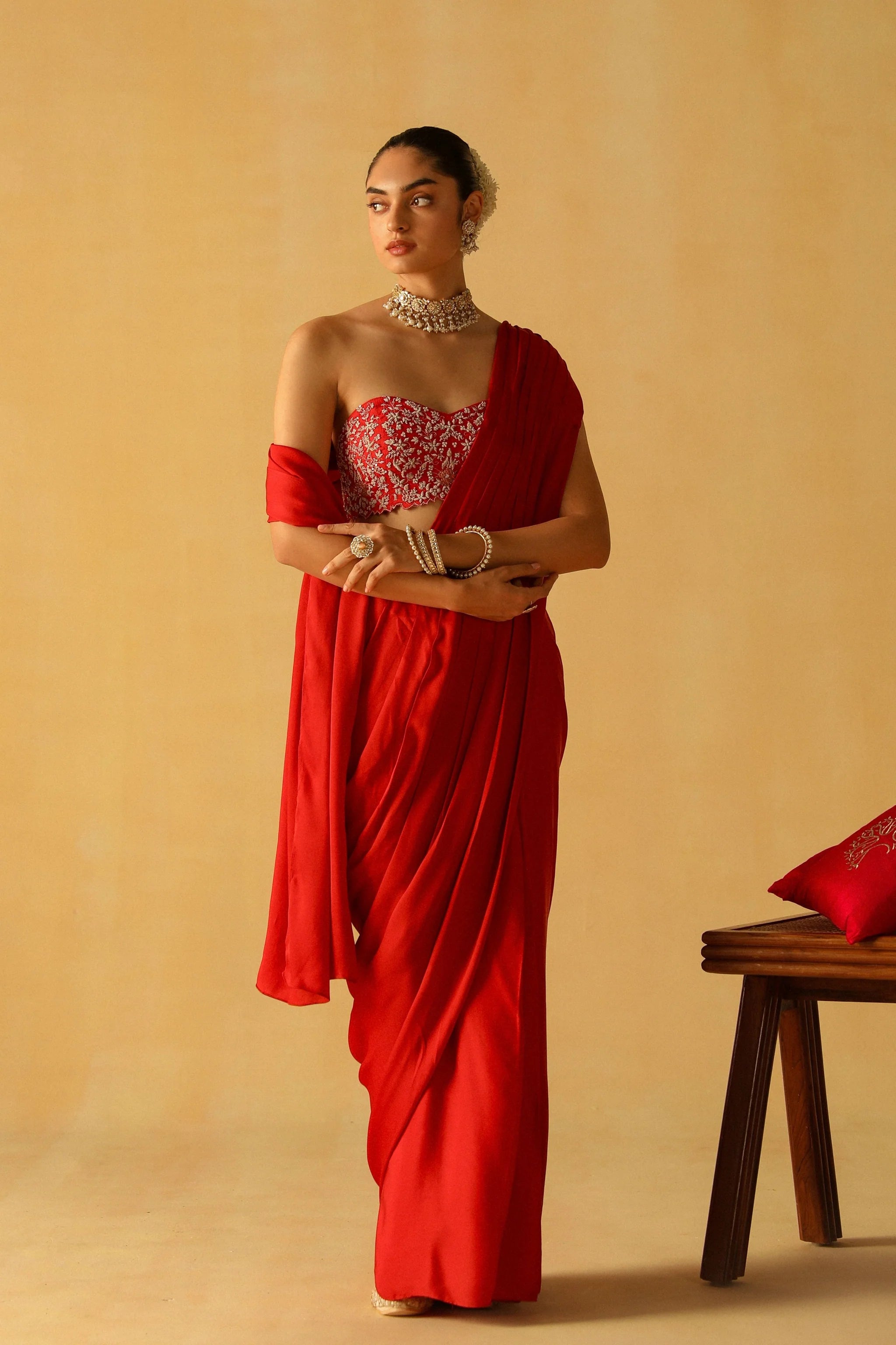Rumaan Deep Red Drape Saree Set
