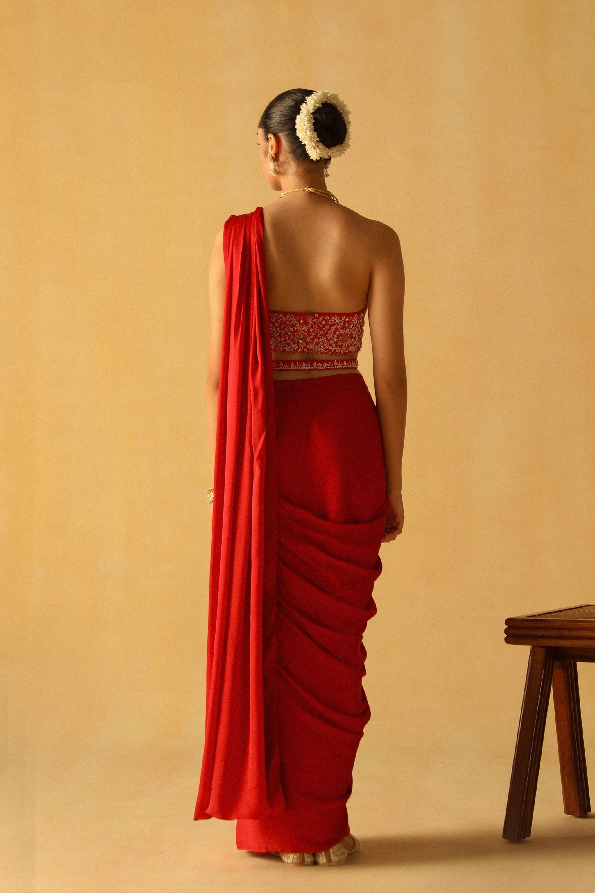 Rumaan Deep Red Drape Saree Set