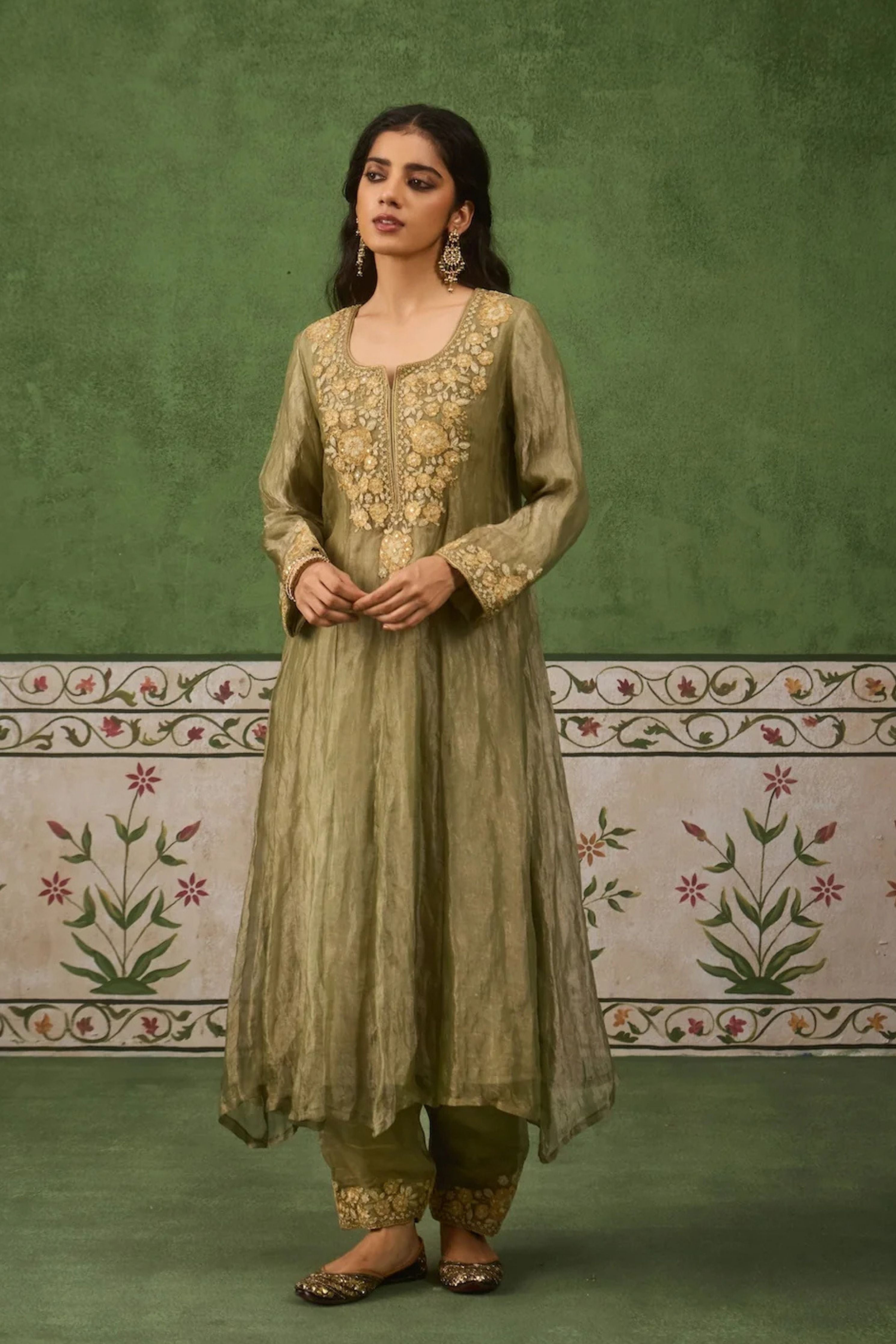Reet Sage Green Tissue Anarkali Kurta Set