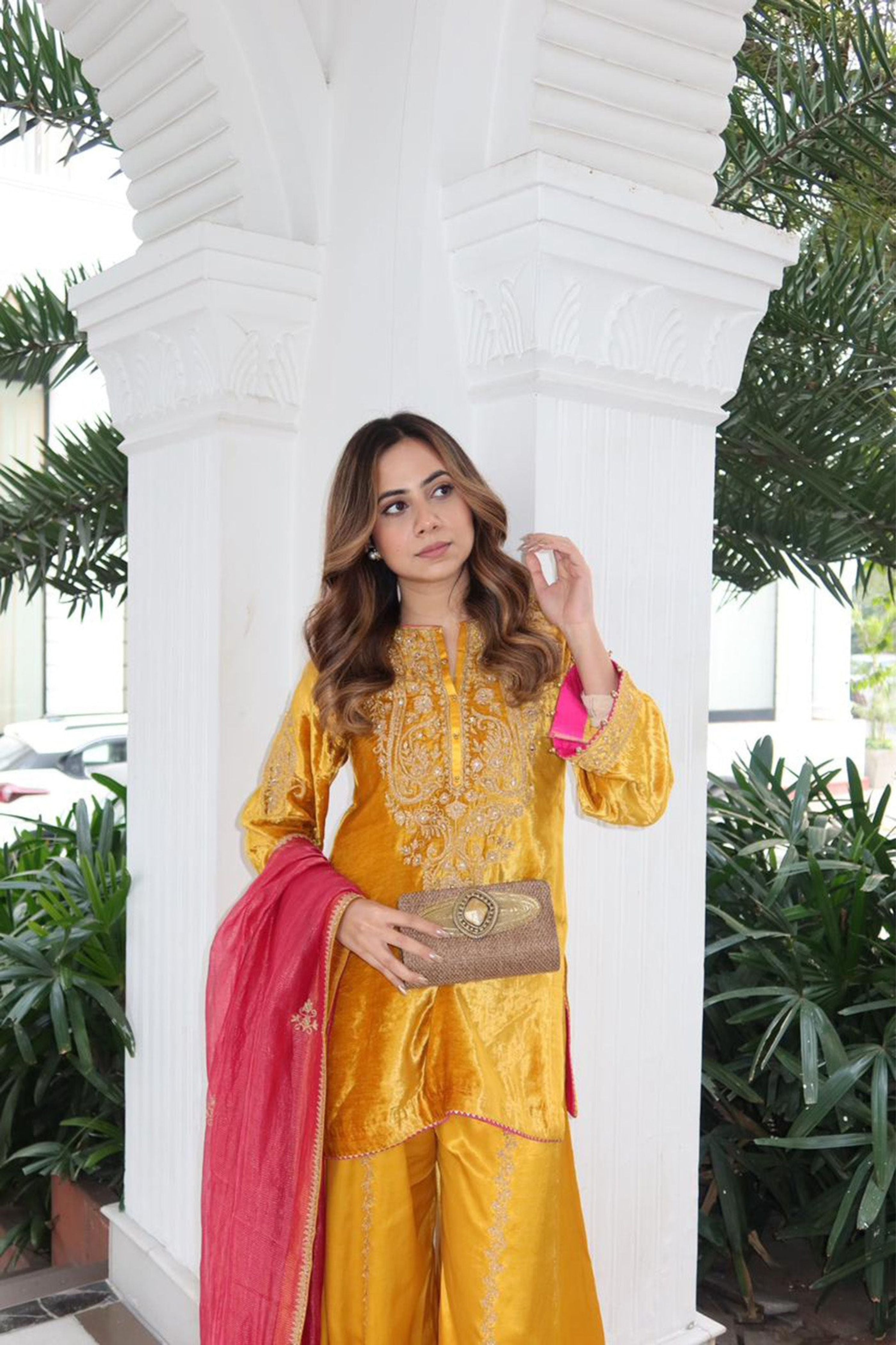Aroob - Silk Velvet Heirloom Mustard Kurta With Sharara And Dupatta