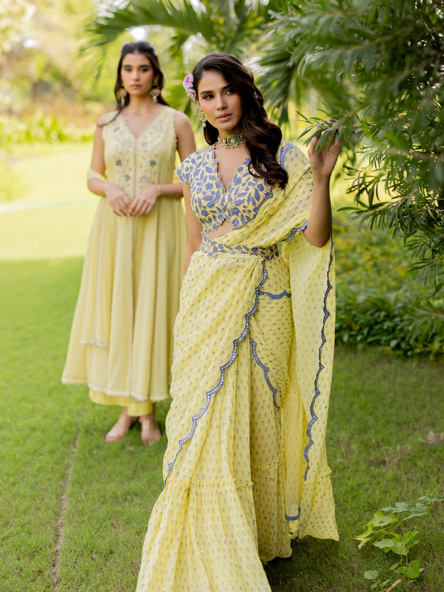 Butter Yellow Georgette Draped Saree Set
