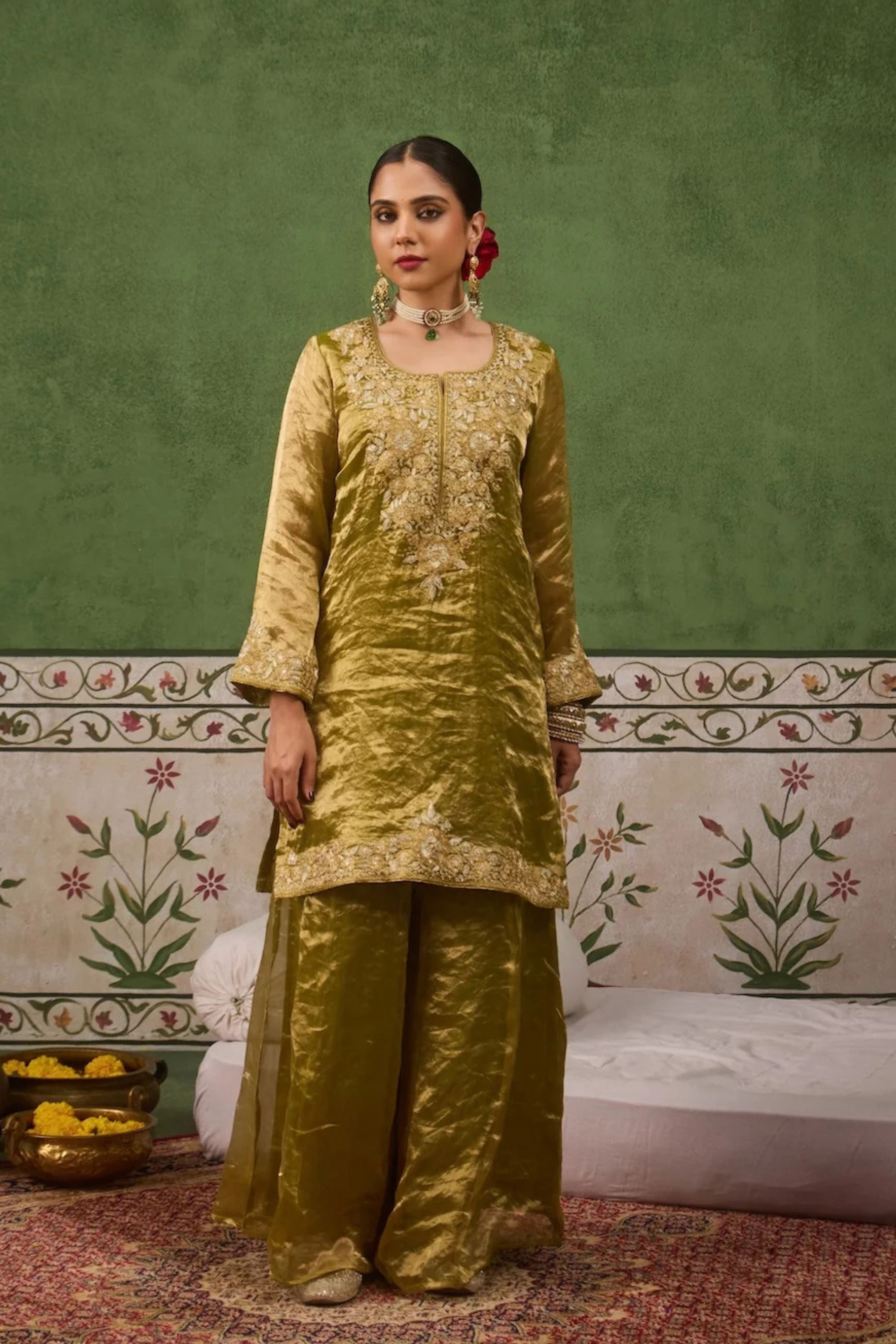 Reet Lime Green Tissue Sharara Set