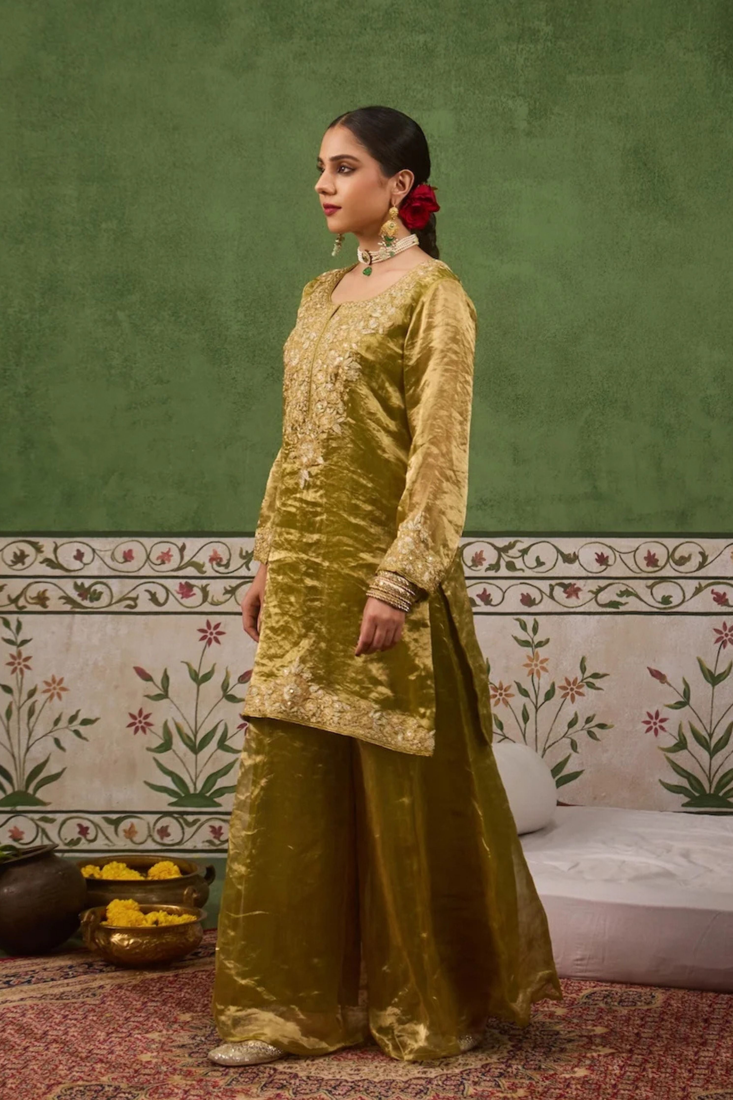 Reet Lime Green Tissue Sharara Set