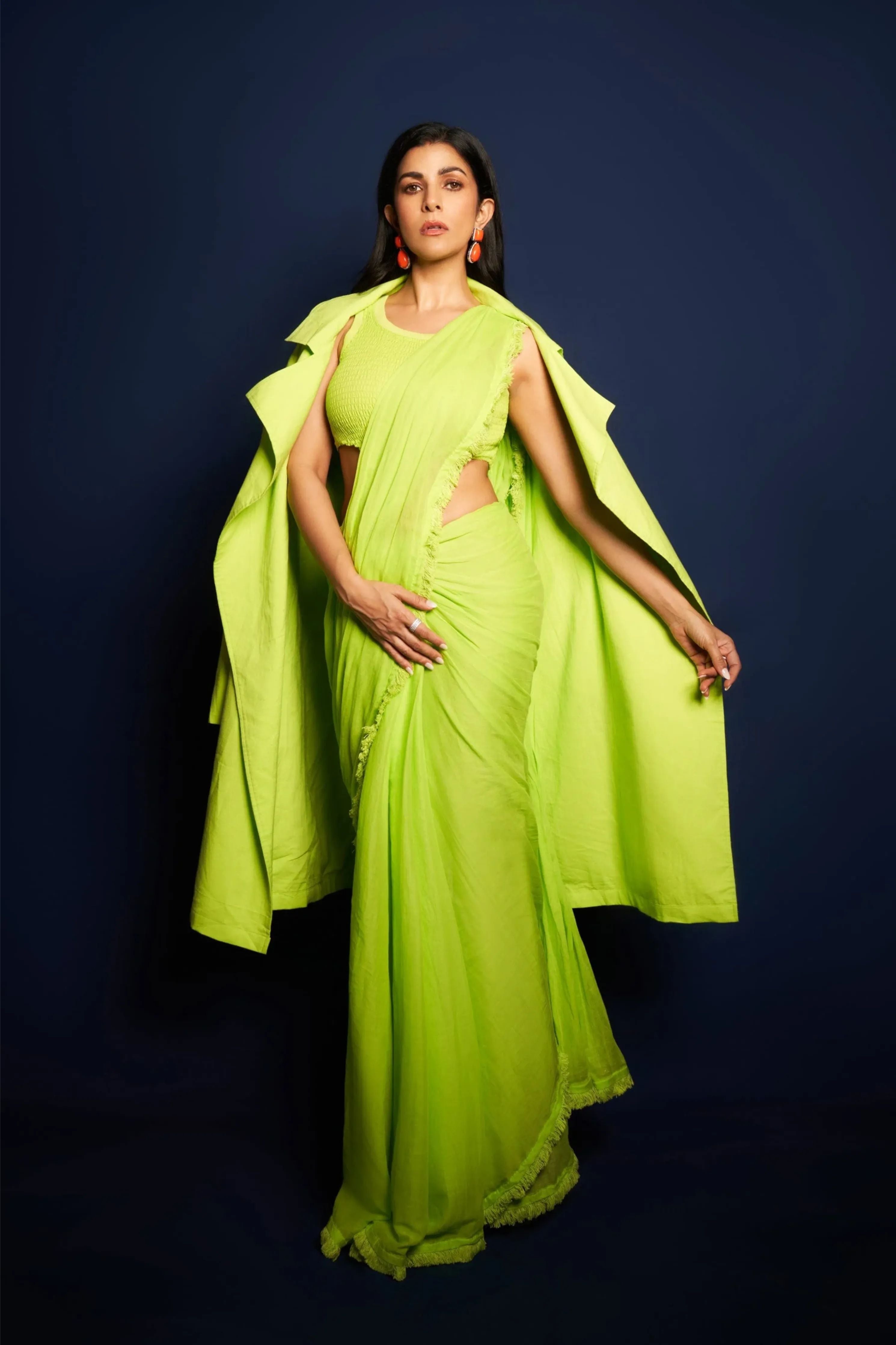 Nimrat Kaur In Neon Green Fringed Saree Bodysuit Jacket Set