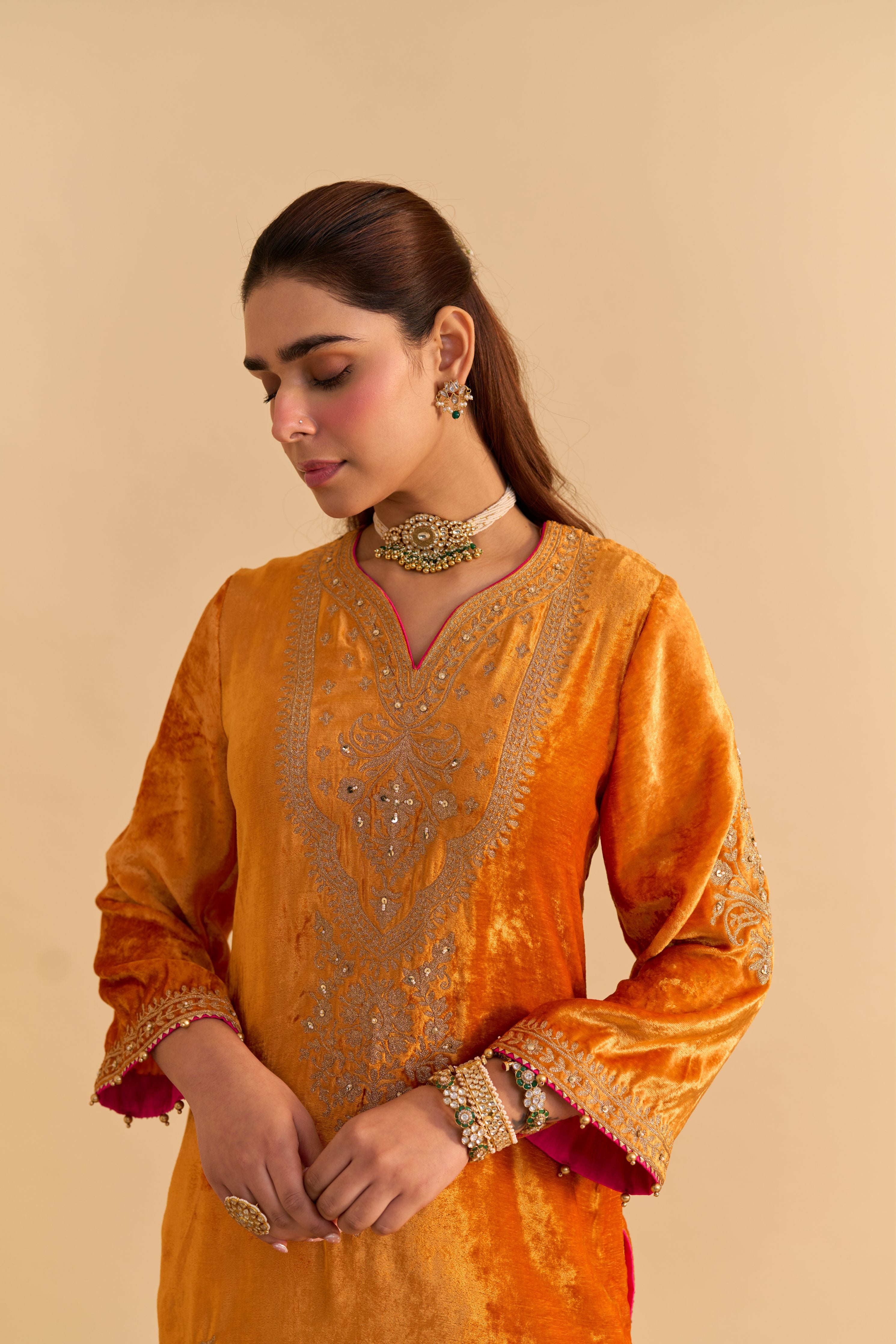 Aroob - Silk Velvet Heirloom Mustard Kurta With Sharara And Dupatta