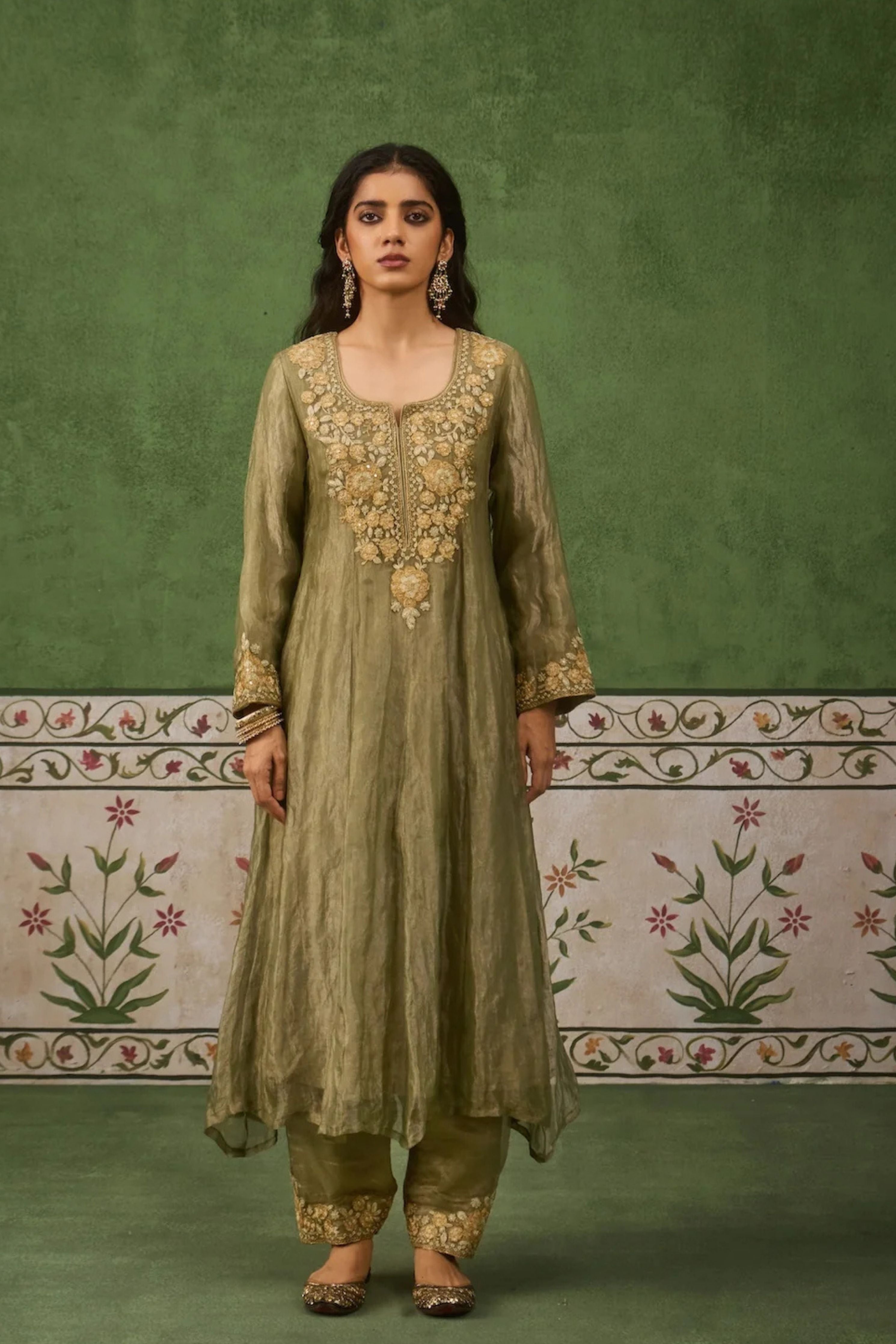 Reet Sage Green Tissue Anarkali Kurta Set