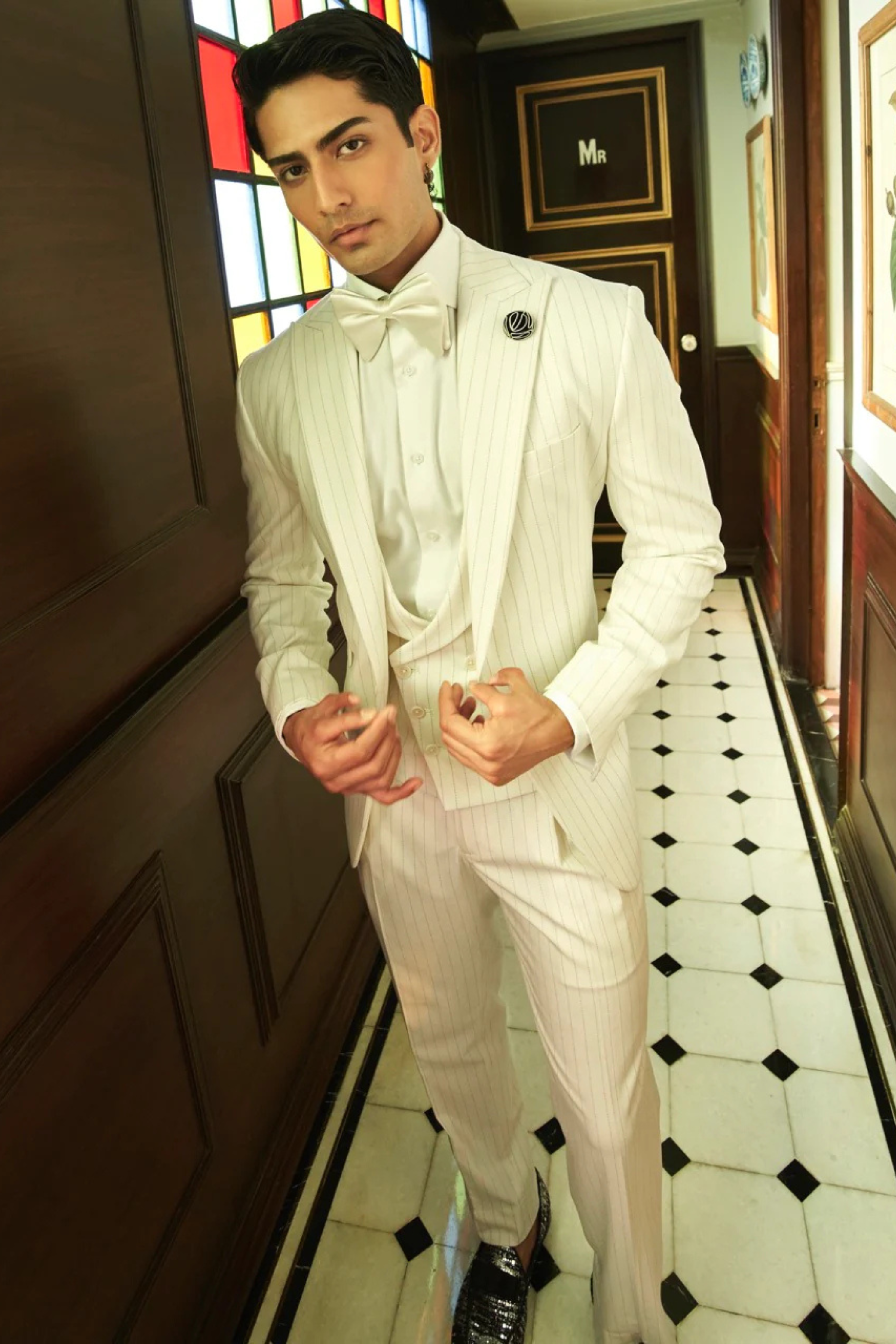 Emraan Hashmi in Off-White Pinstripe Ceremonial Ensemble