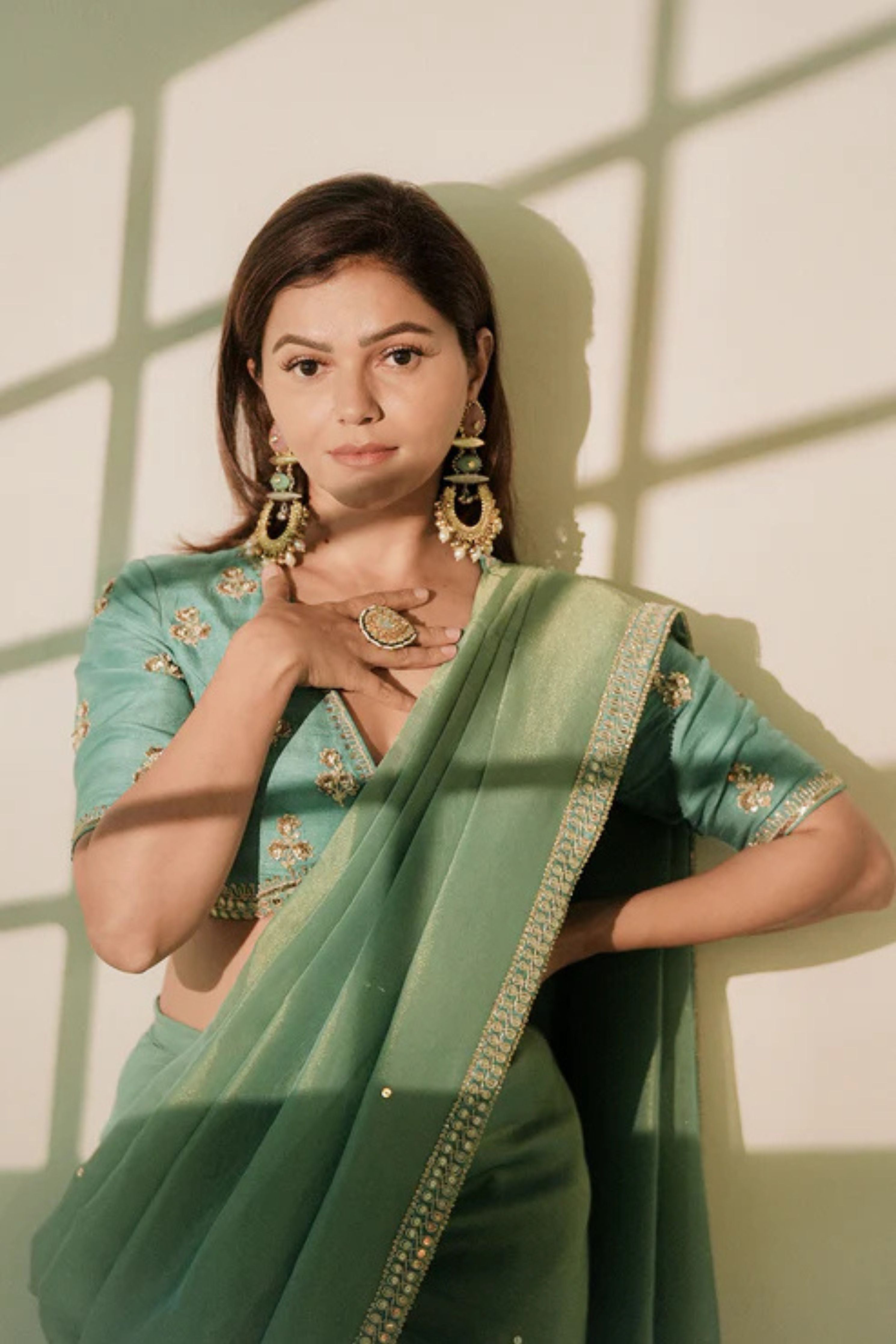 Rubina Dilak In Sky Blue Tissue Draped Saree Set