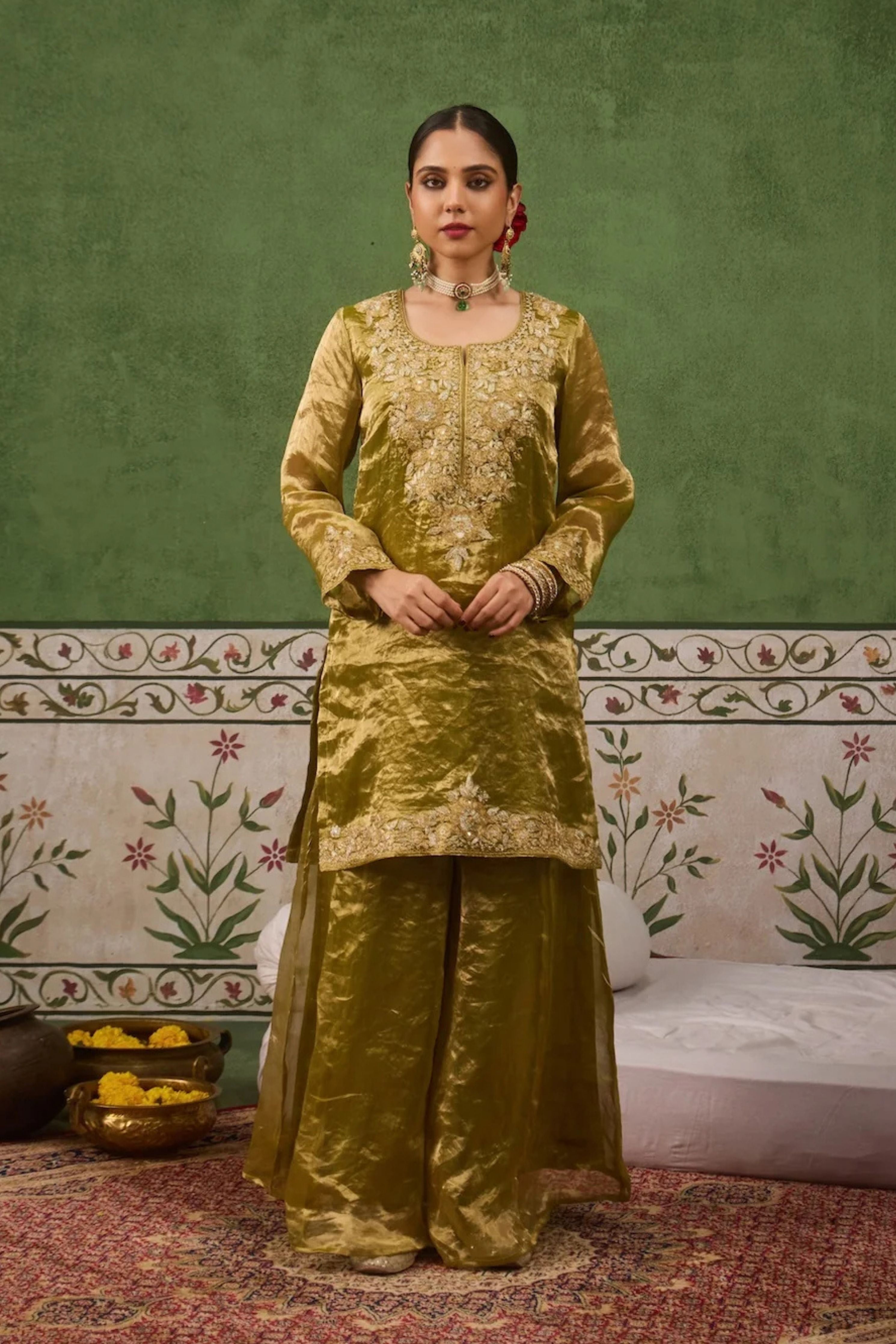 Reet Lime Green Tissue Sharara Set