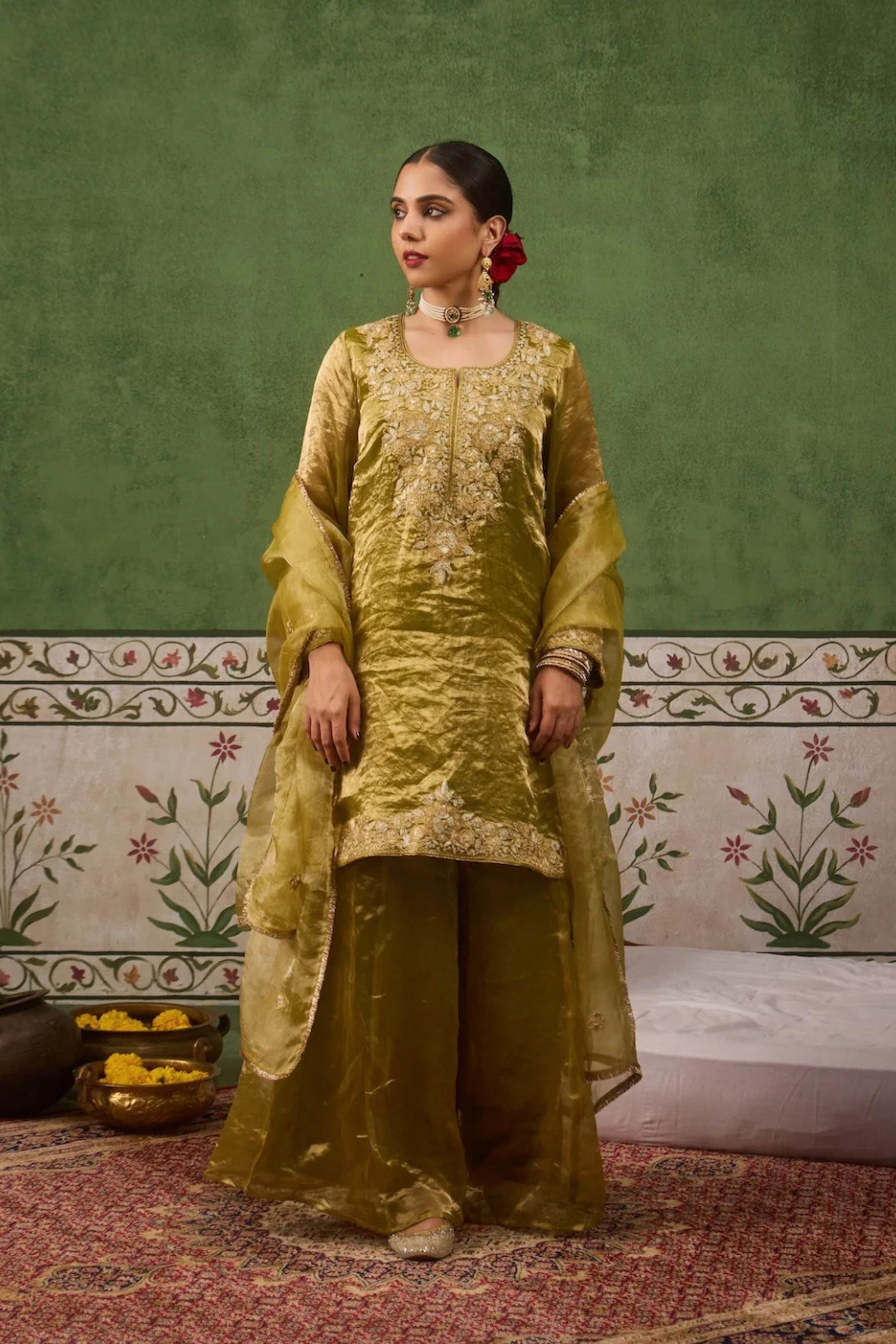 Reet Lime Green Tissue Sharara Set