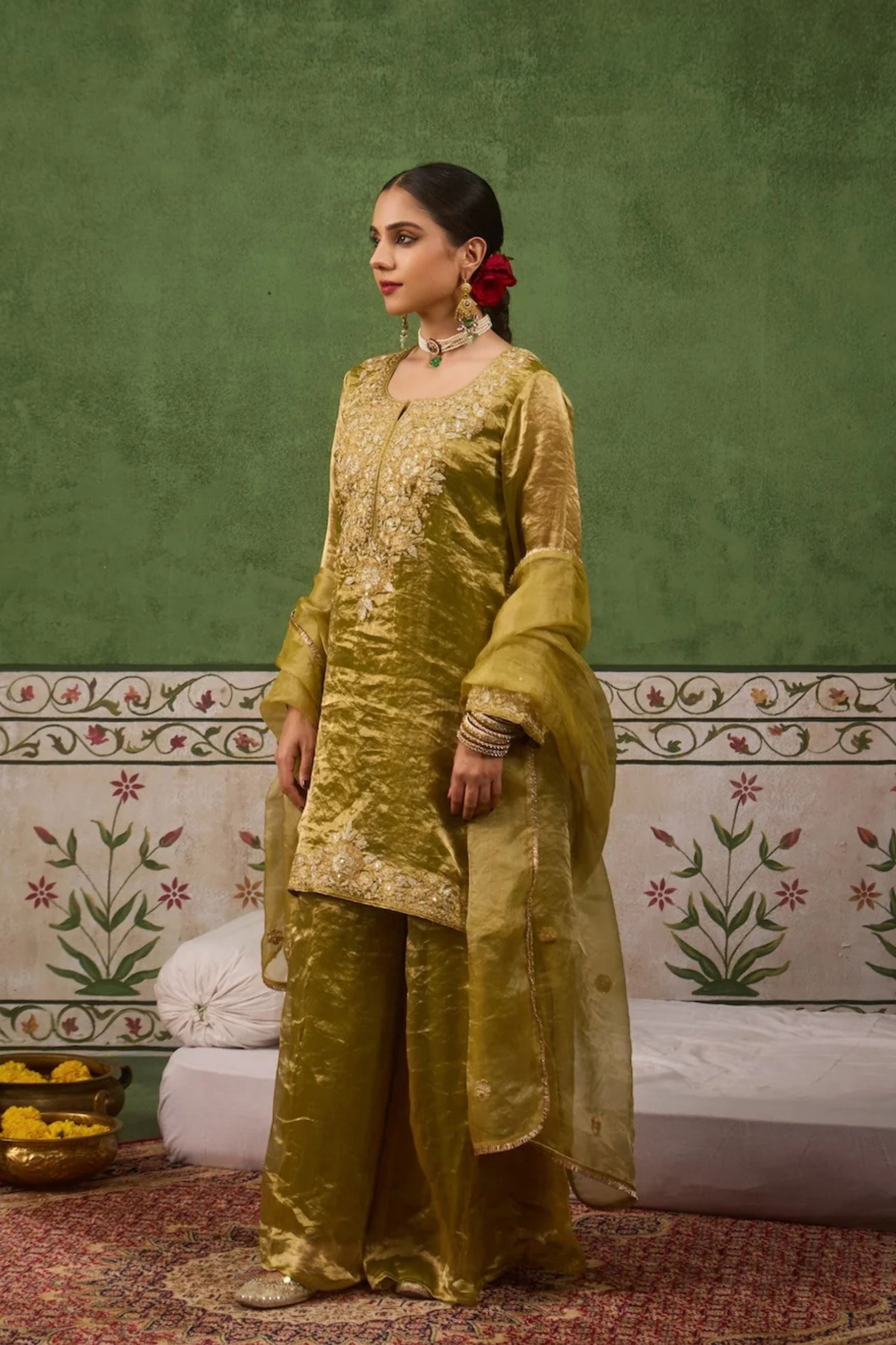 Reet Lime Green Tissue Sharara Set