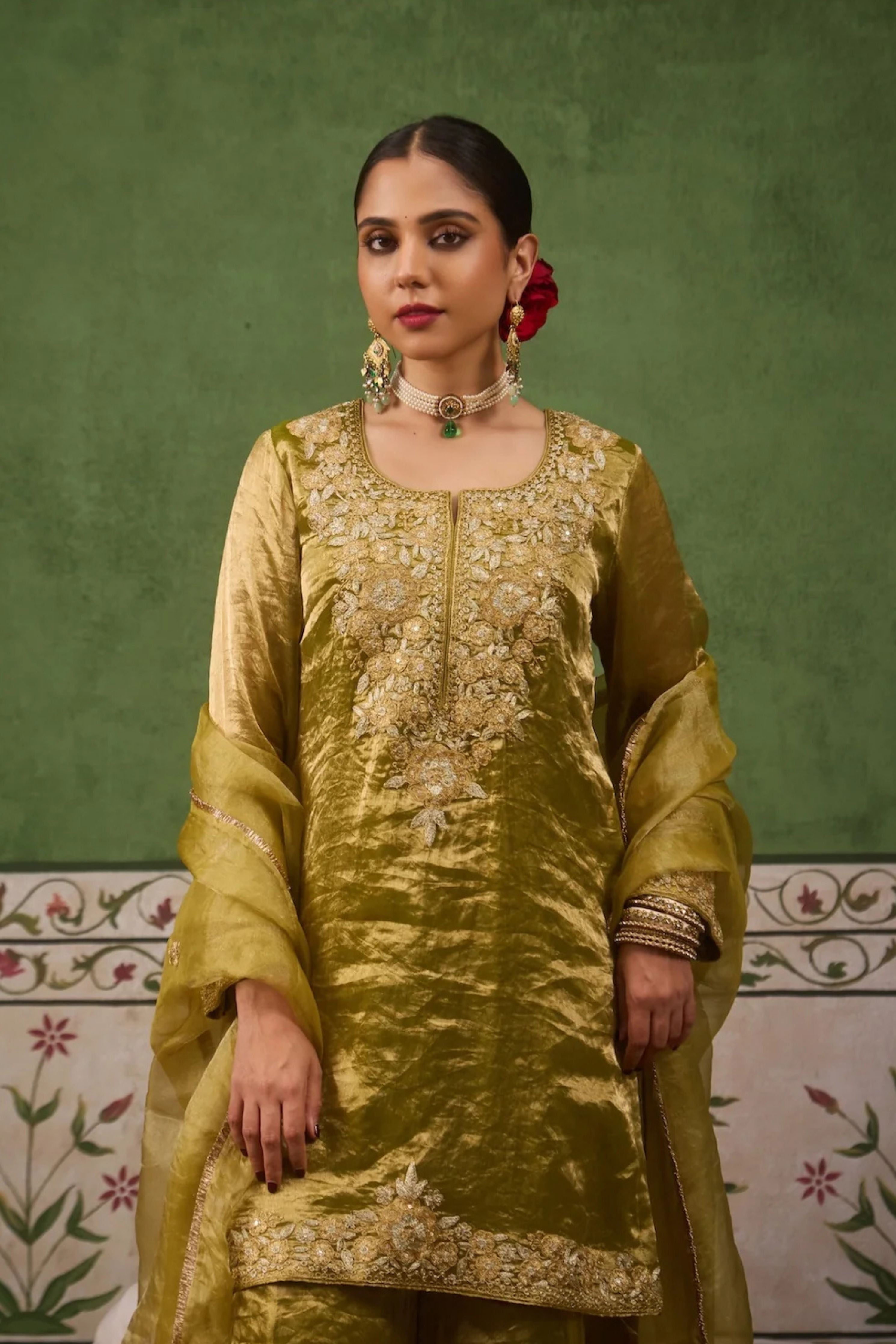Reet Lime Green Tissue Sharara Set