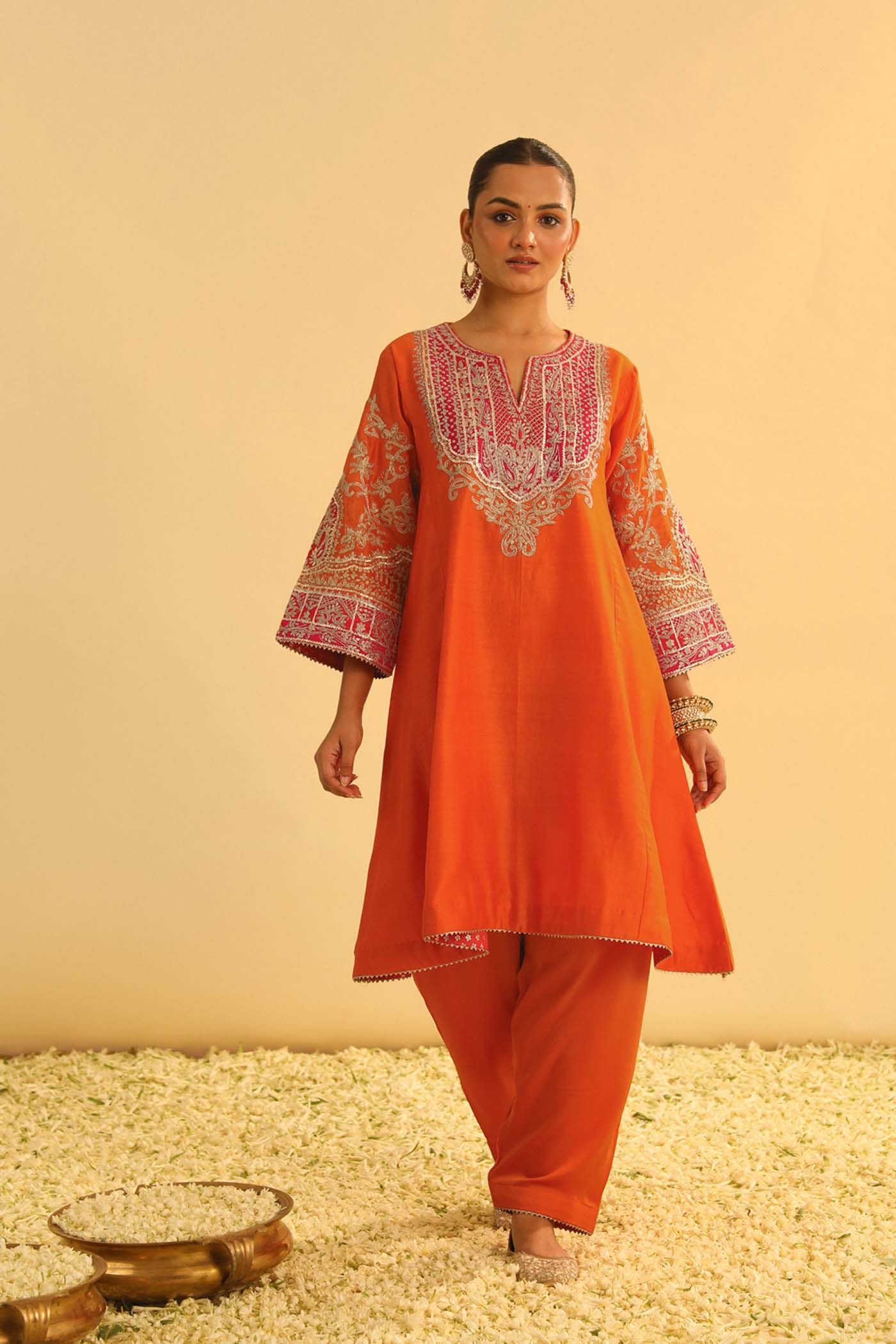 Mohsina - Orange Short Kalidaar Choga With Salwar