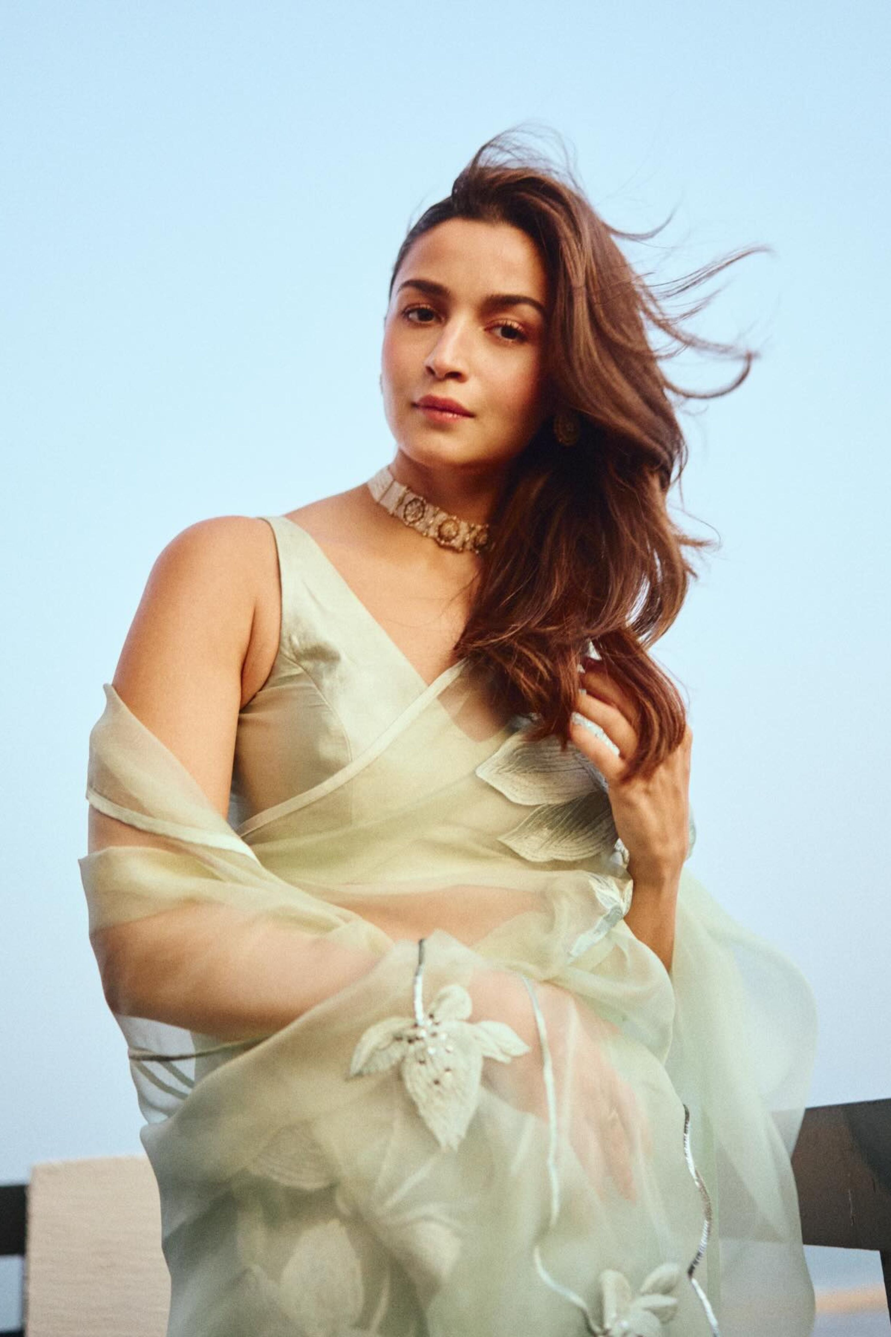 Alia Bhat In Sage Green Silk Organza Resham & Sequin Sari Set