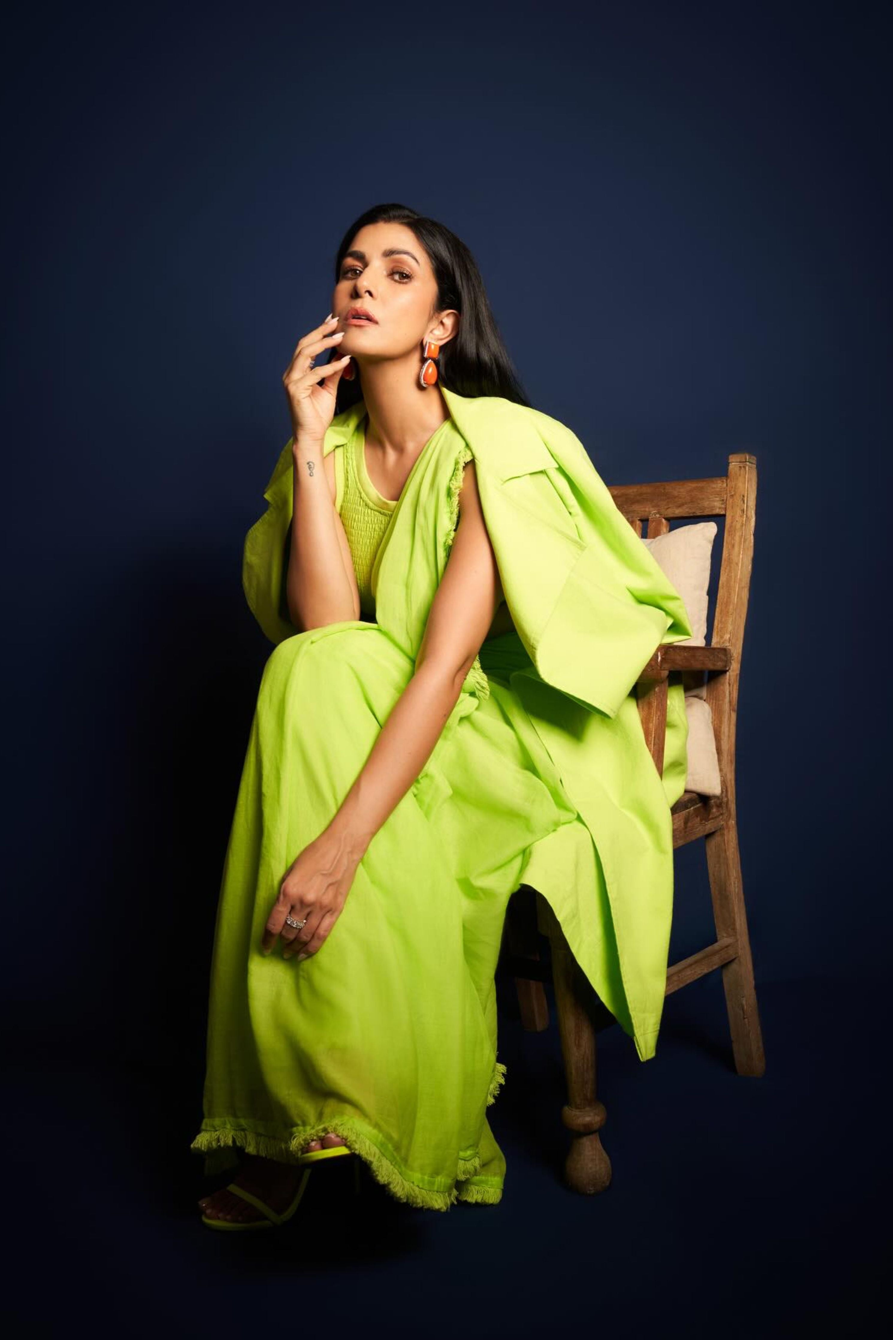 Nimrat Kaur In Neon Green Fringed Saree Bodysuit Jacket Set
