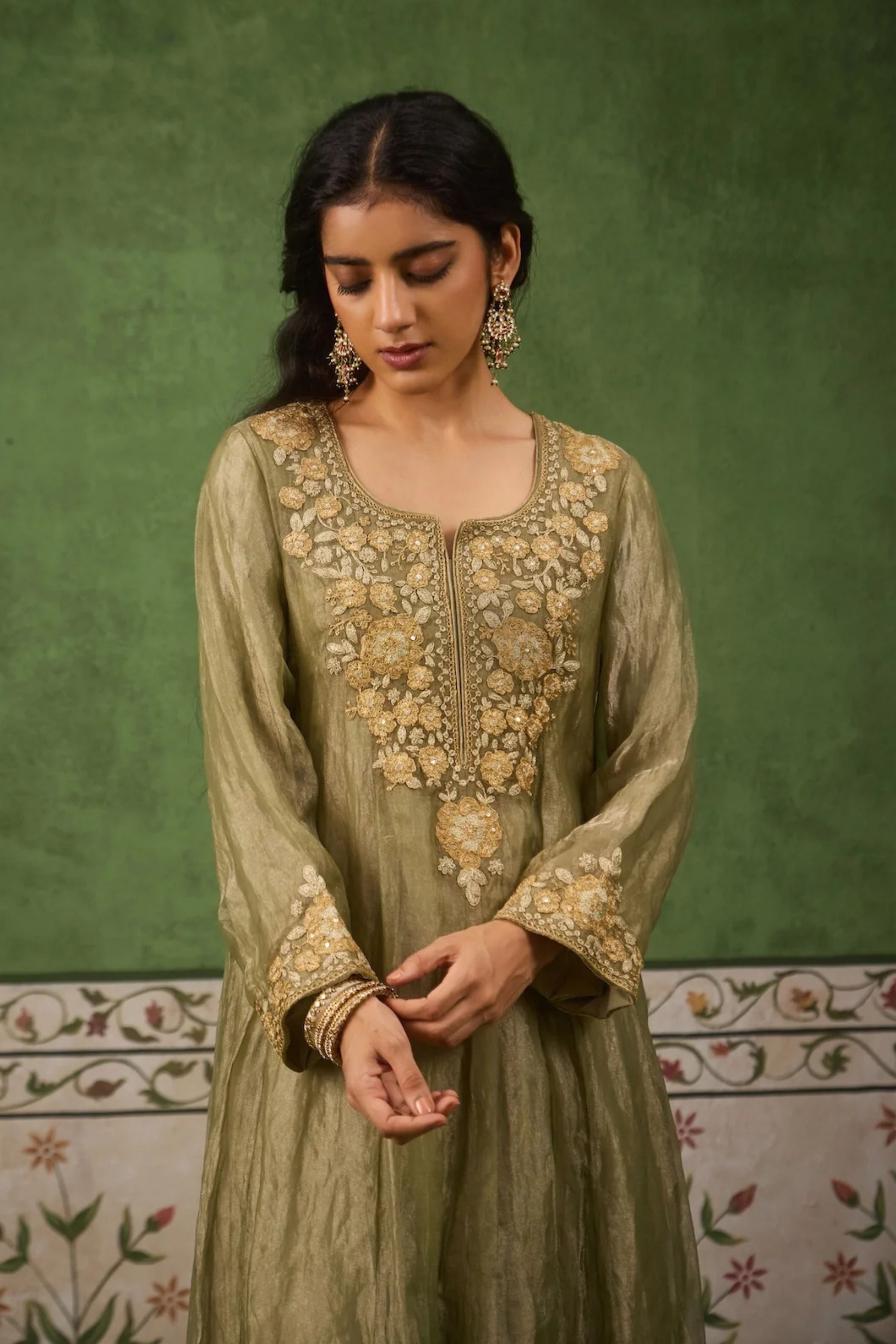 Reet Sage Green Tissue Anarkali Kurta Set