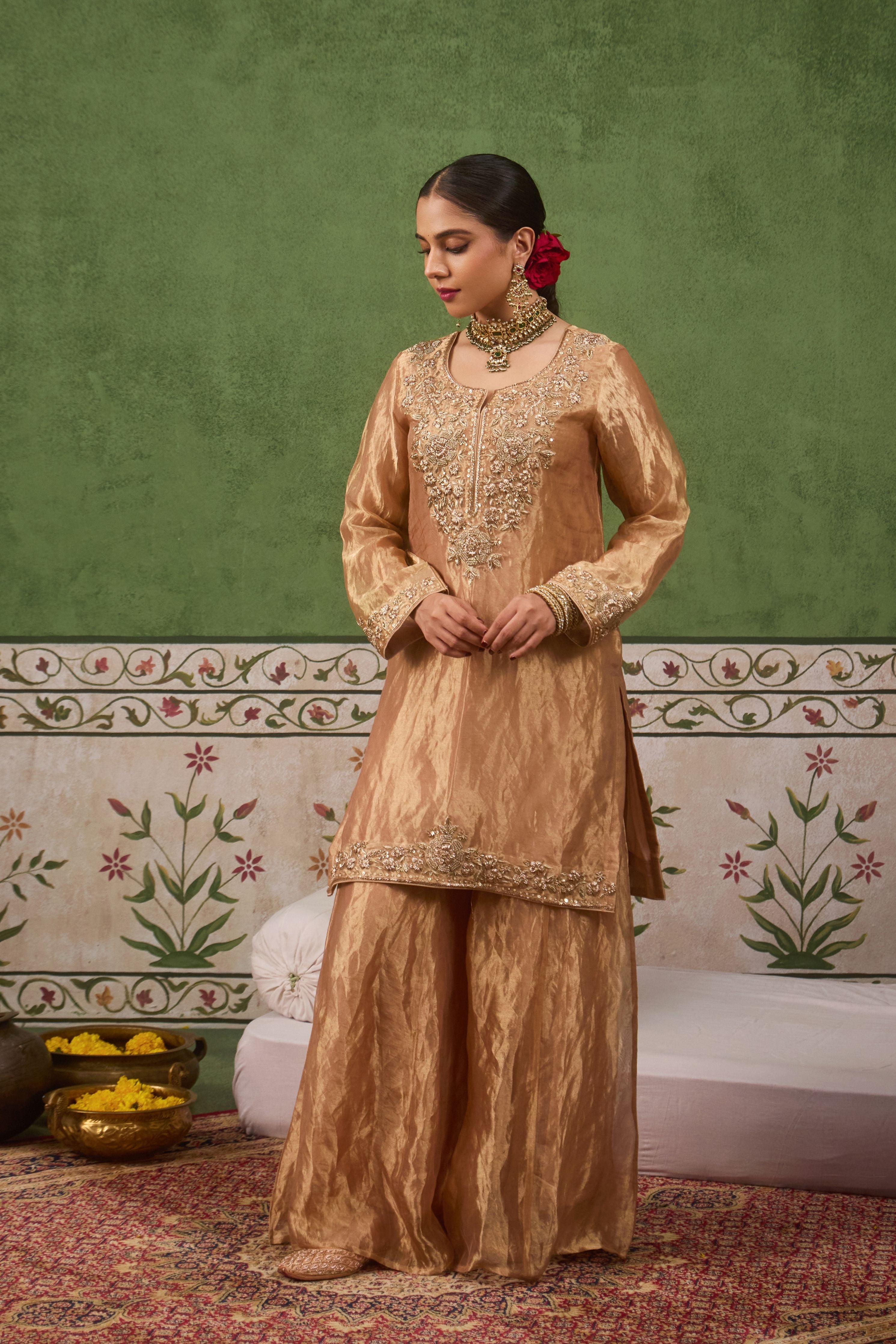 Inayat 2.0 Gold Tissue Sharara Set