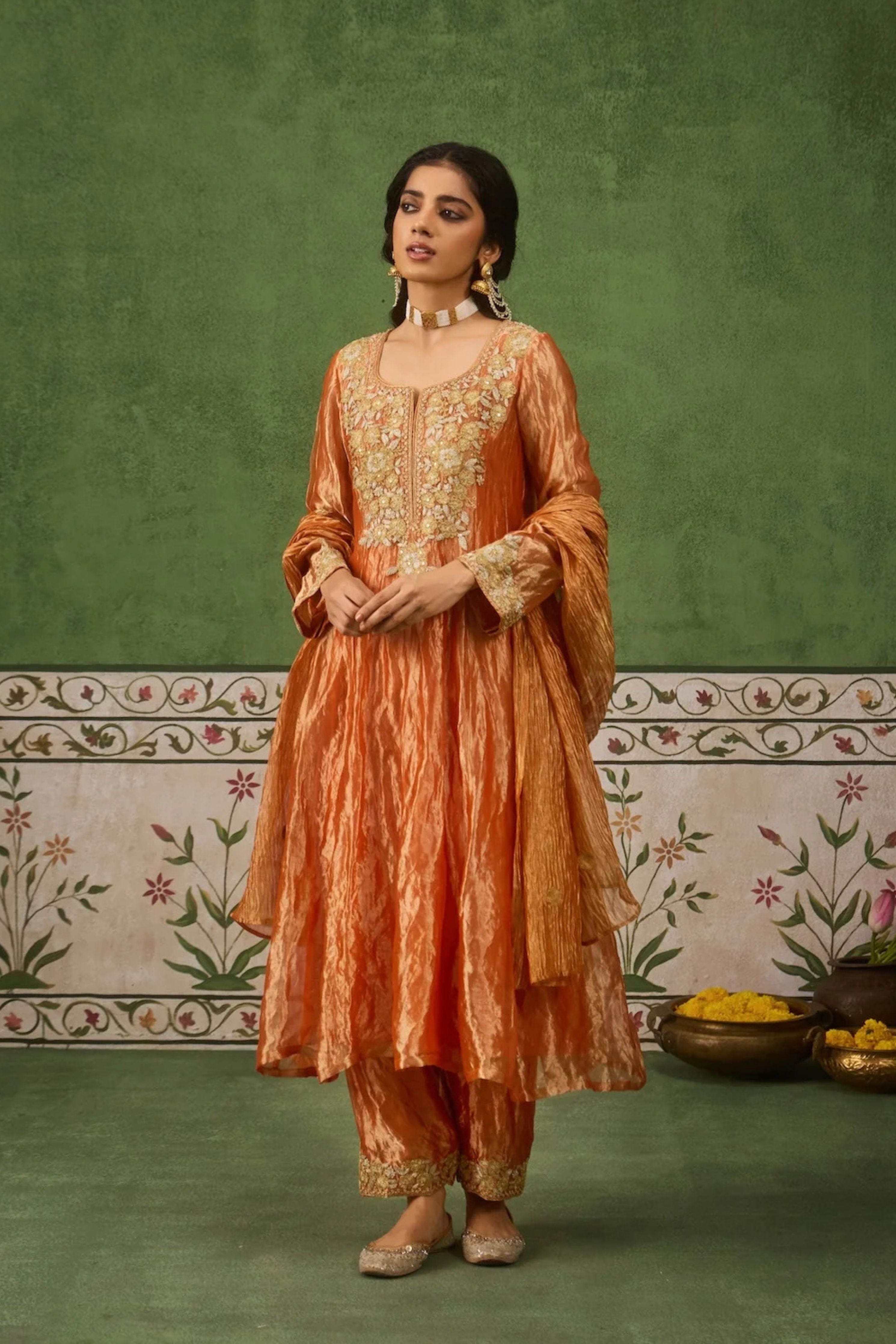 Reet Rust Tissue Anarkali Kurta Set