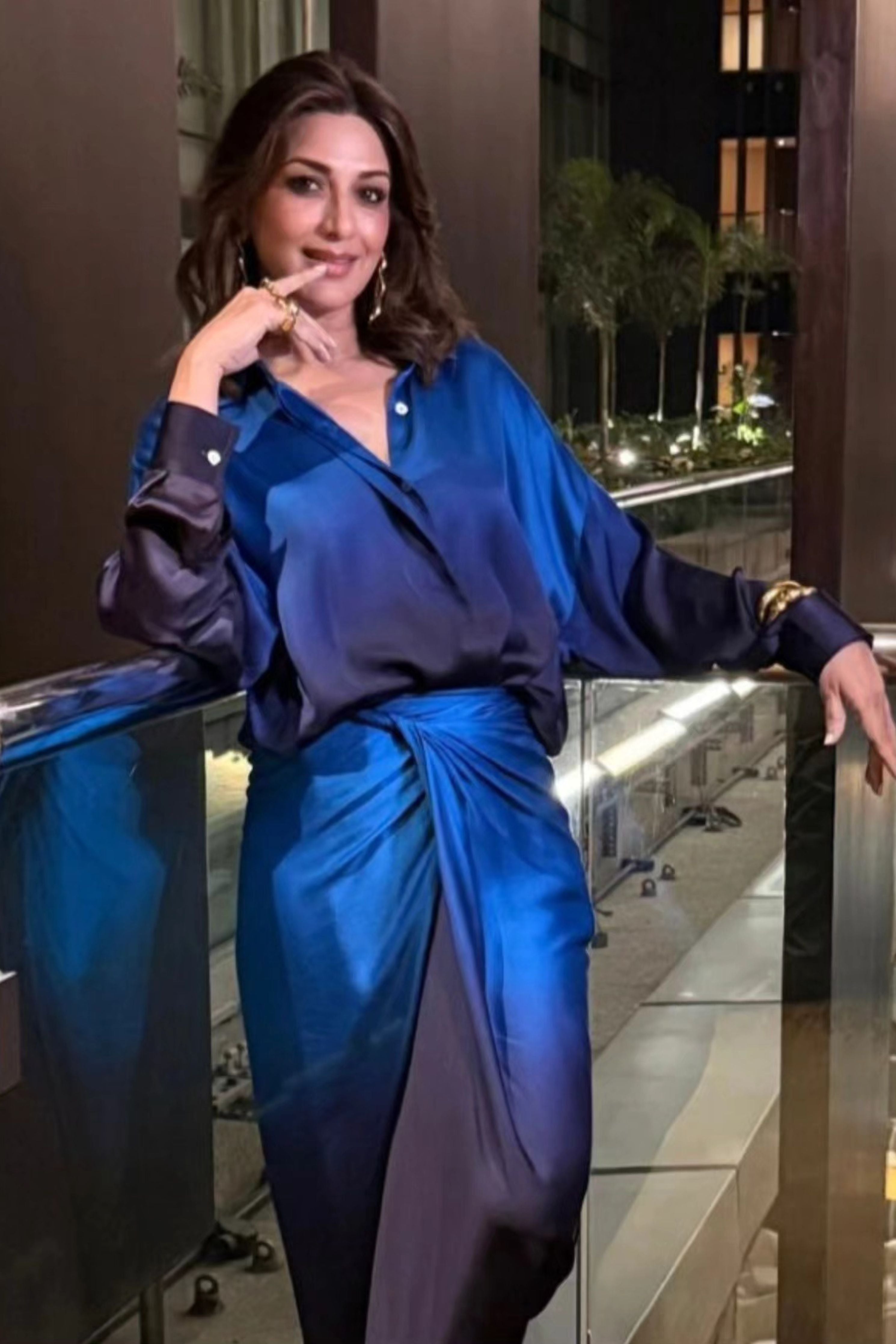 Sonali Bendre In ROYAL DRAPED SHIRT DRESS