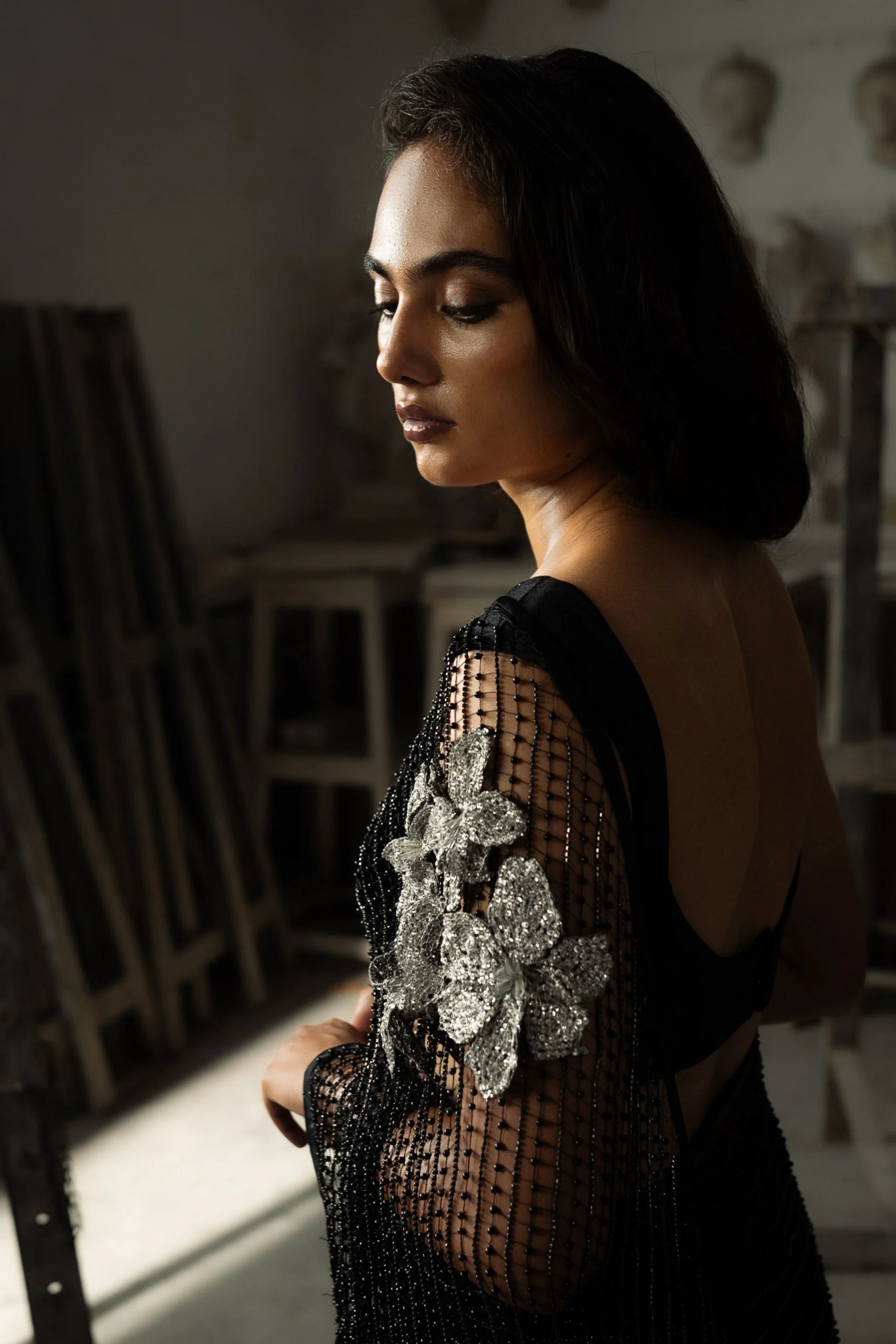 Charcoal Pearl Weave Black Saree