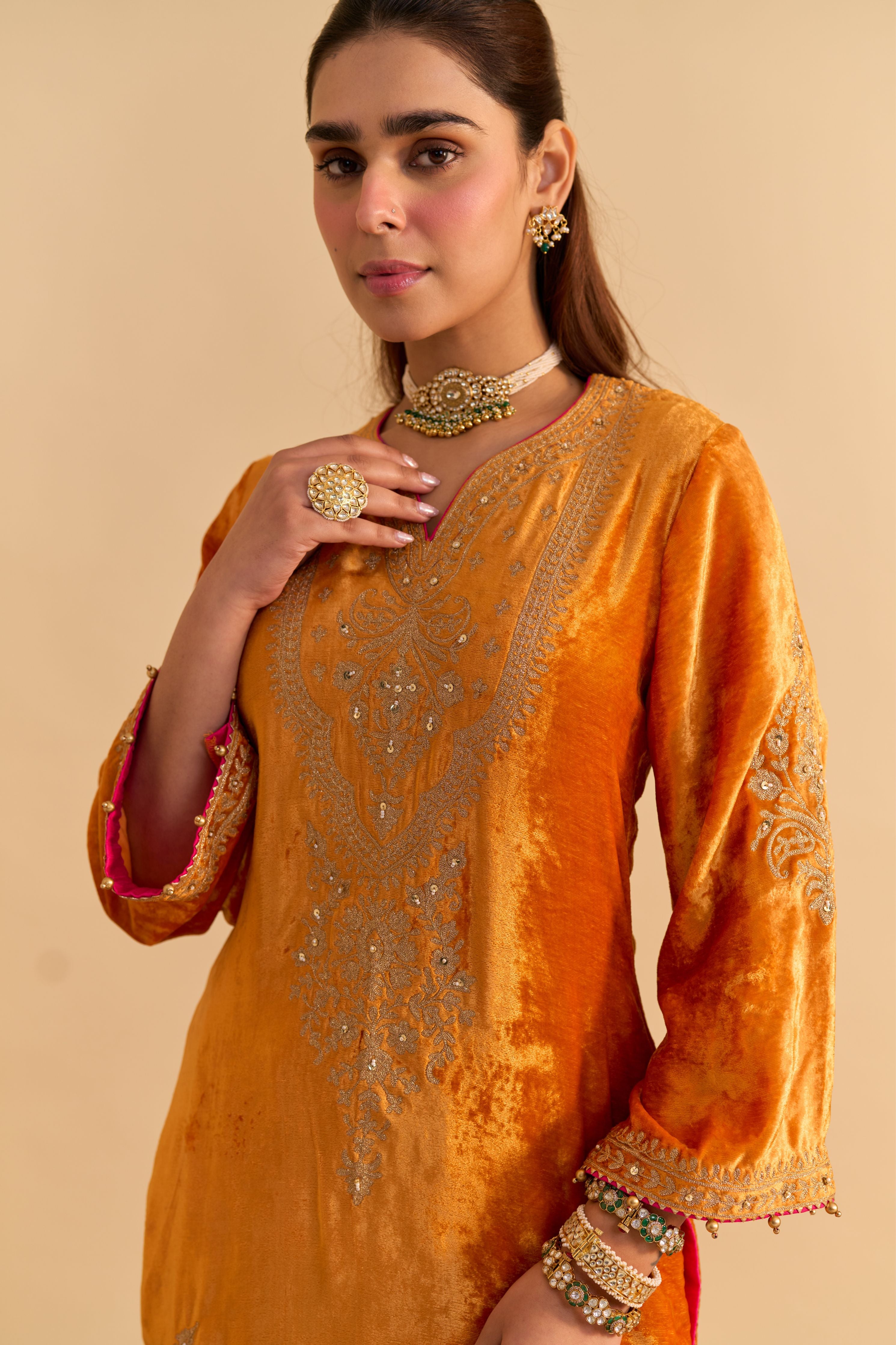Aroob - Silk Velvet Heirloom Mustard Kurta With Sharara And Dupatta