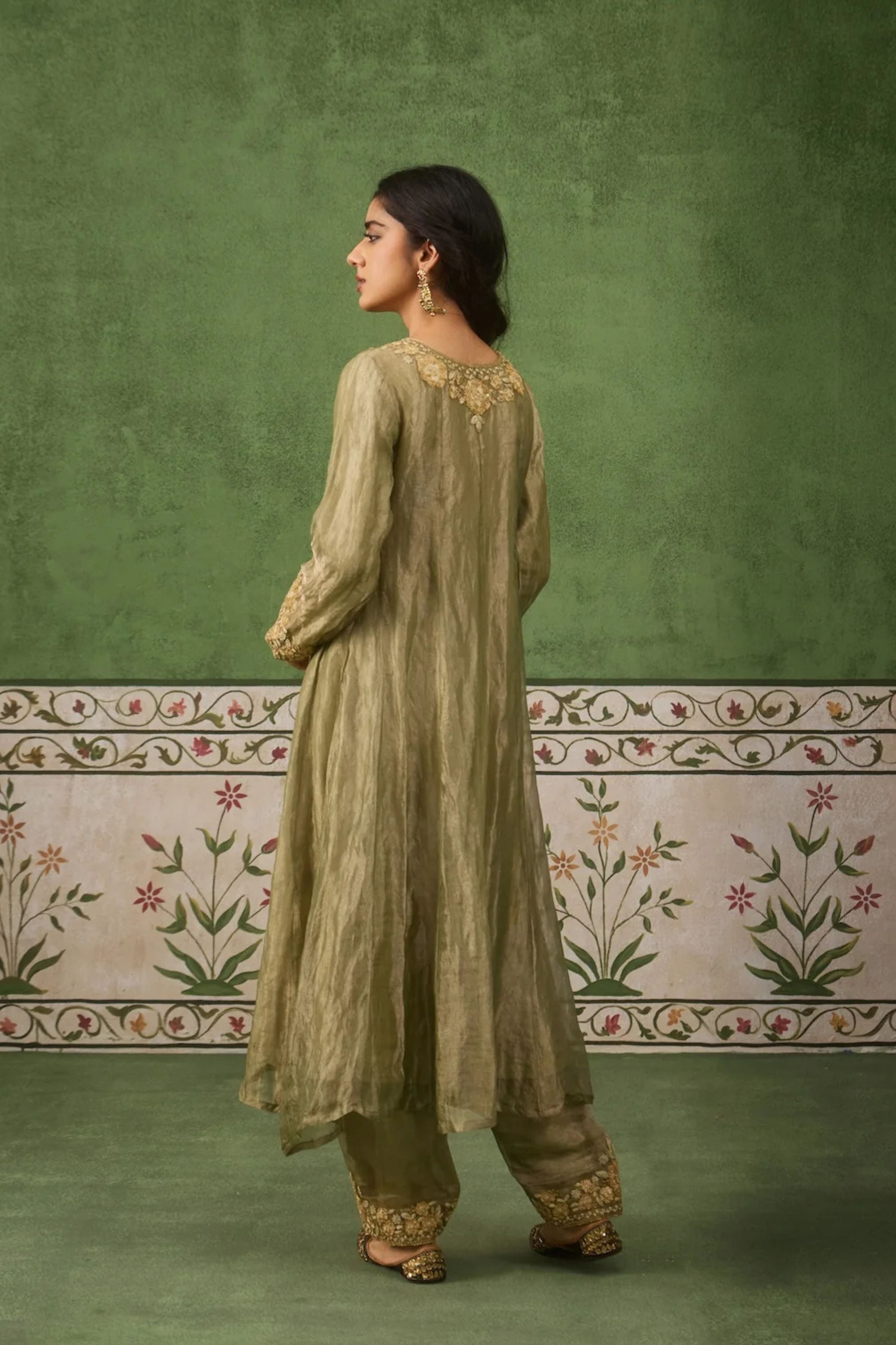 Reet Sage Green Tissue Anarkali Kurta Set