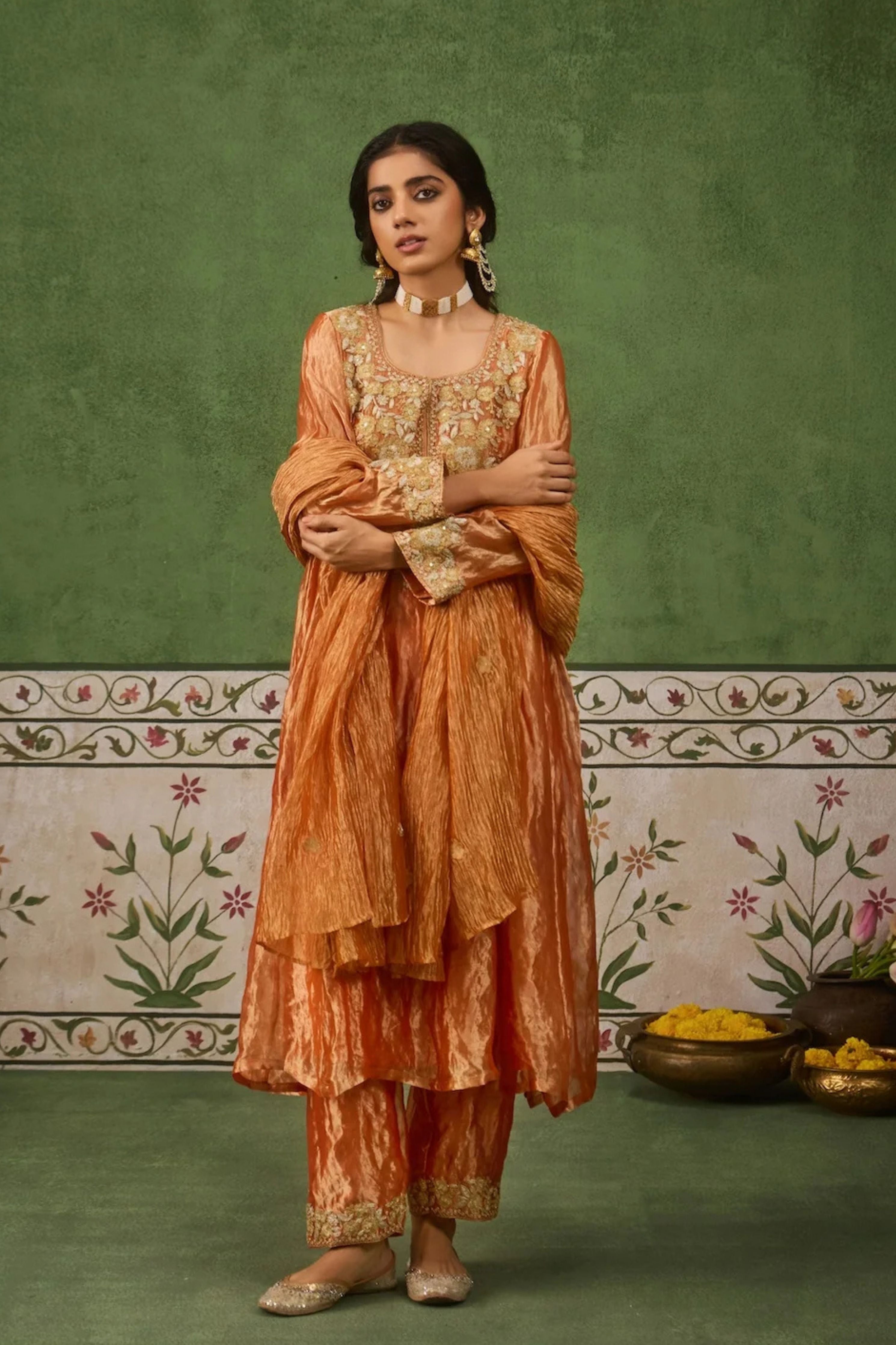 Reet Rust Tissue Anarkali Kurta Set