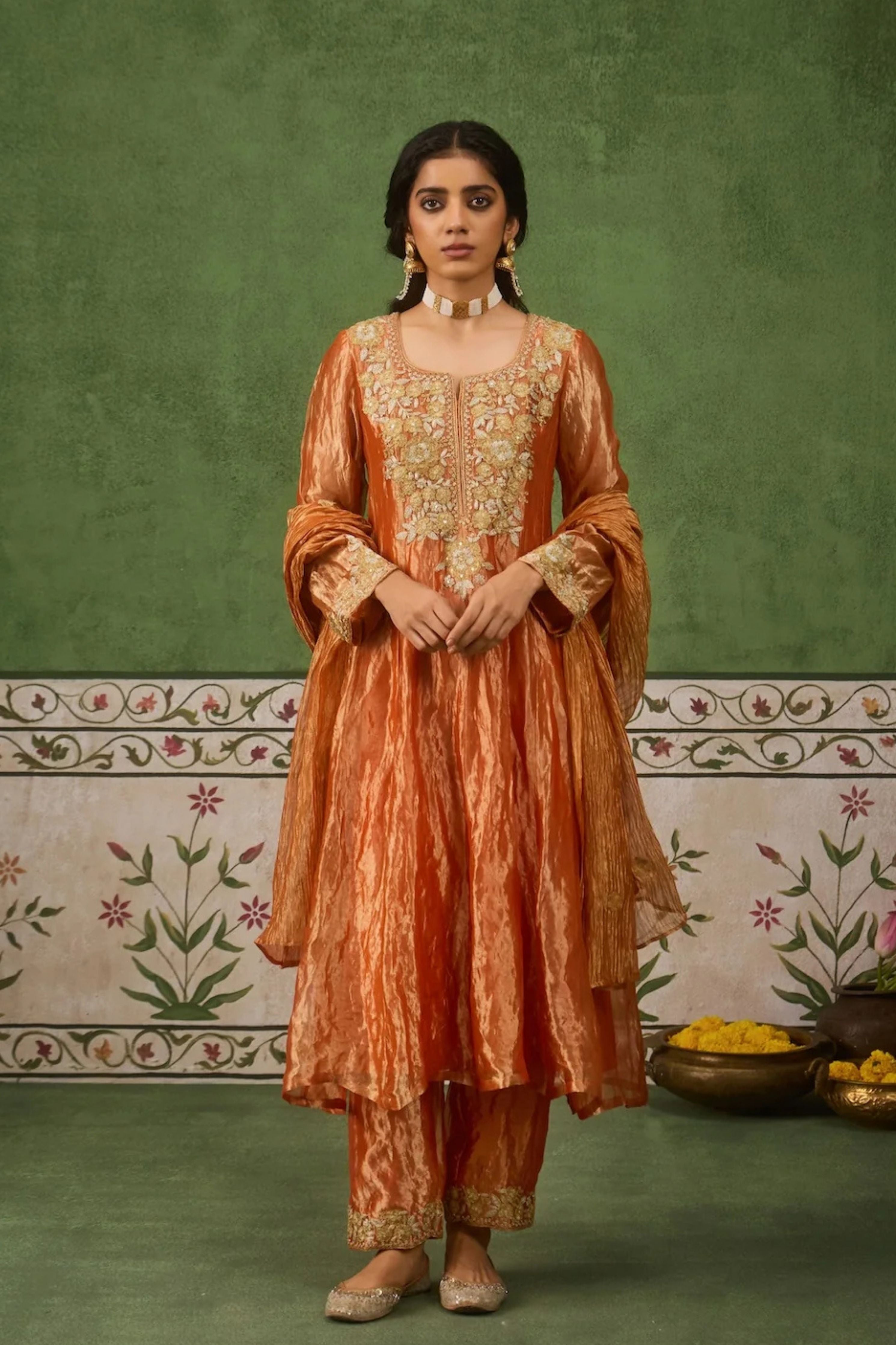 Reet Rust Tissue Anarkali Kurta Set